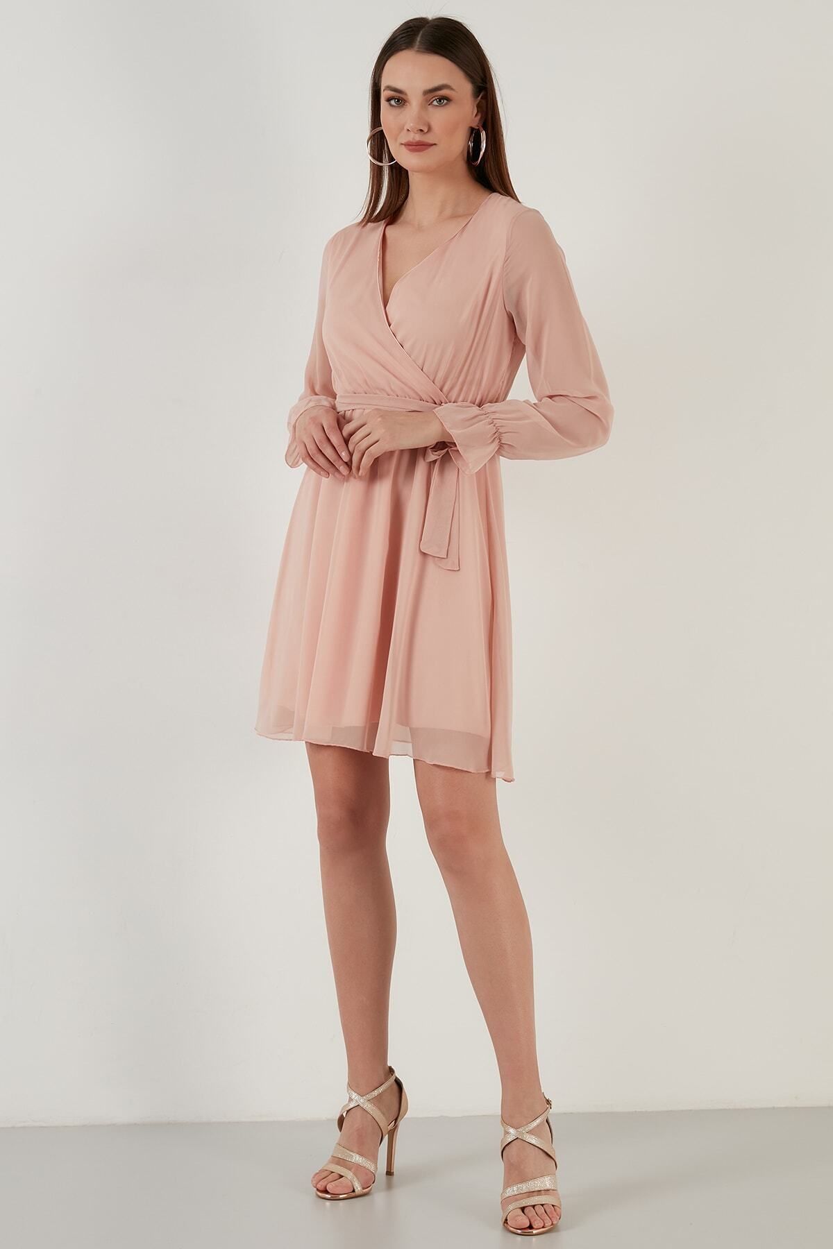 Lela Kruvaze Yaka Bağlama Detaylı Şifon Mini Elbise Kadın Elbise 6051467