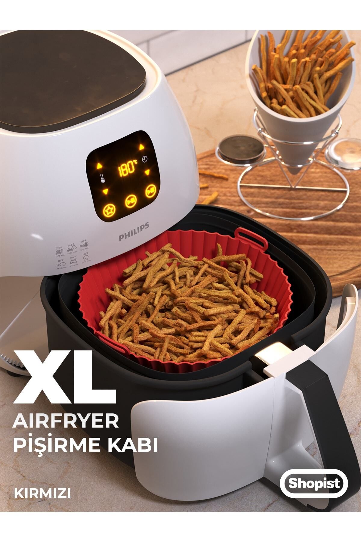 SHOPİST Xl-xxlkırmızı Airfryer Silikon Pişirme Kabı 6litre Ve Üzeri Bpa Free Airfryer Pişirme Kağıdı Kalıbı