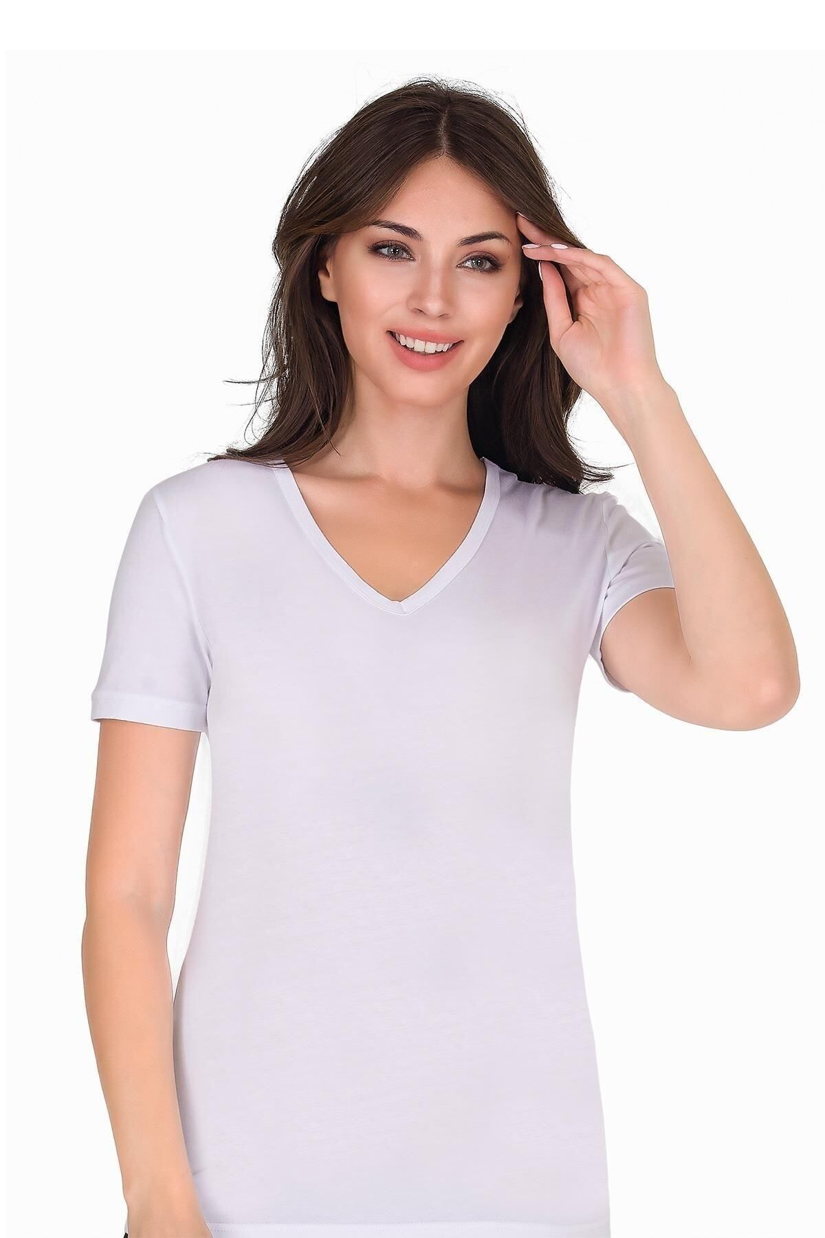 Sensu Kadın V Yaka Basic T-shirt Beyaz - Tsr1003