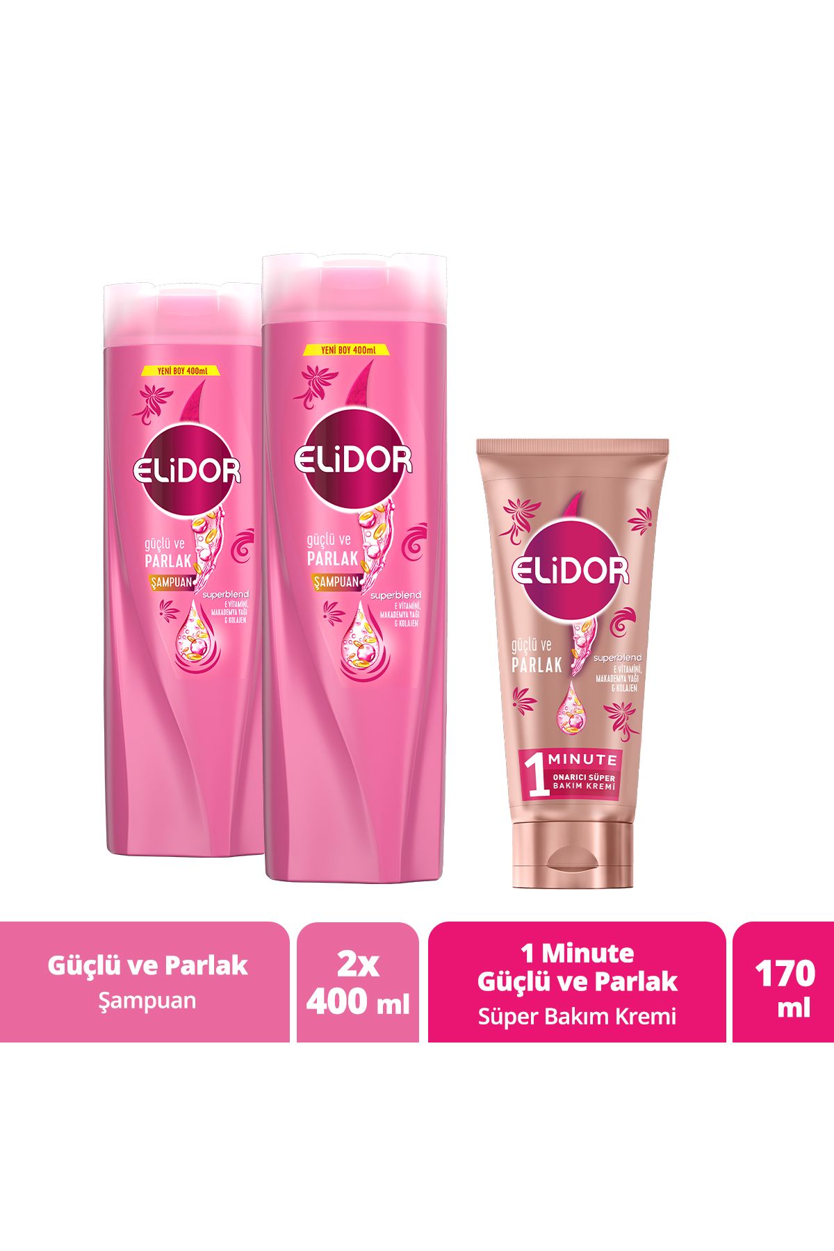 Elidor Superblend Şampuan Güçlü Ve Parlak 400 ml X2 1 Minute Onarıcı Süper Saç Bakım Kremi 170 ml