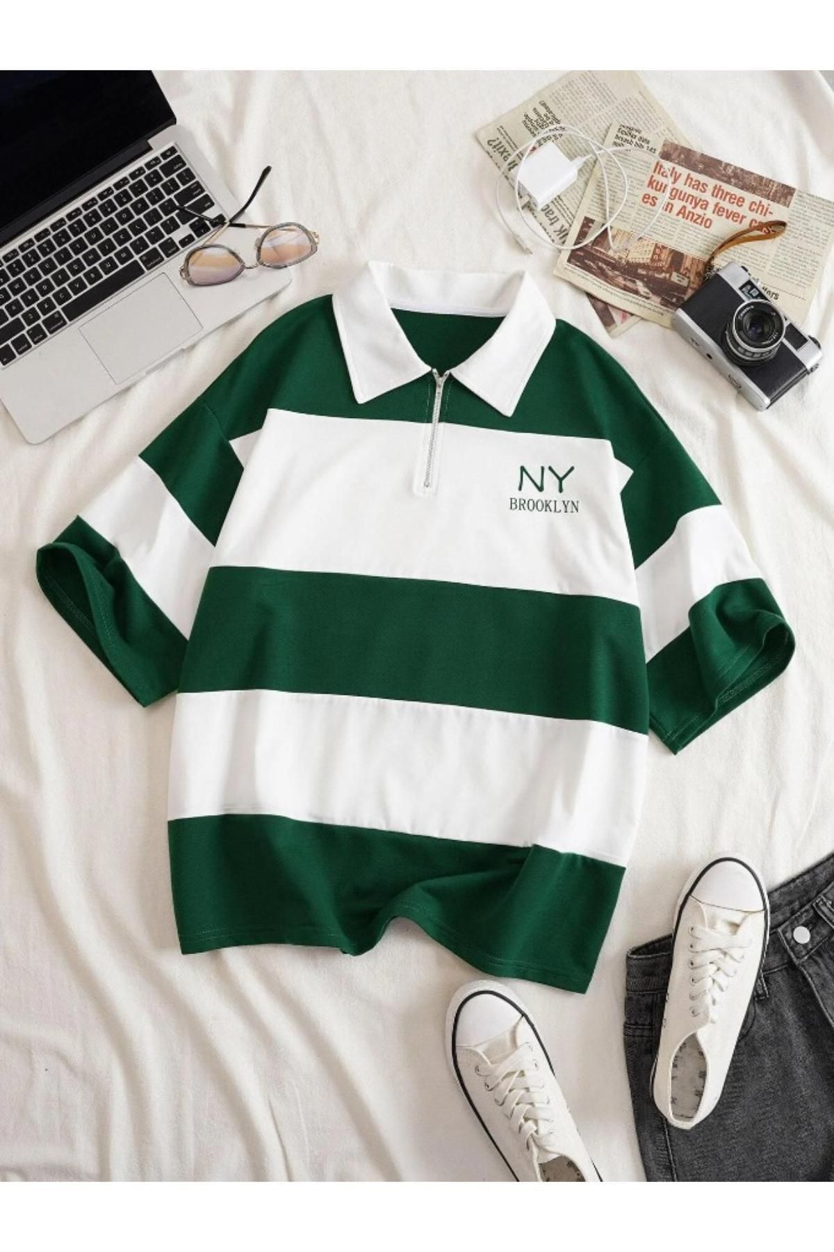 RASCHA Kadın Yeşil Çizgili NY Baskılı Fermuarlı Polo Yaka Oversize T-shirt