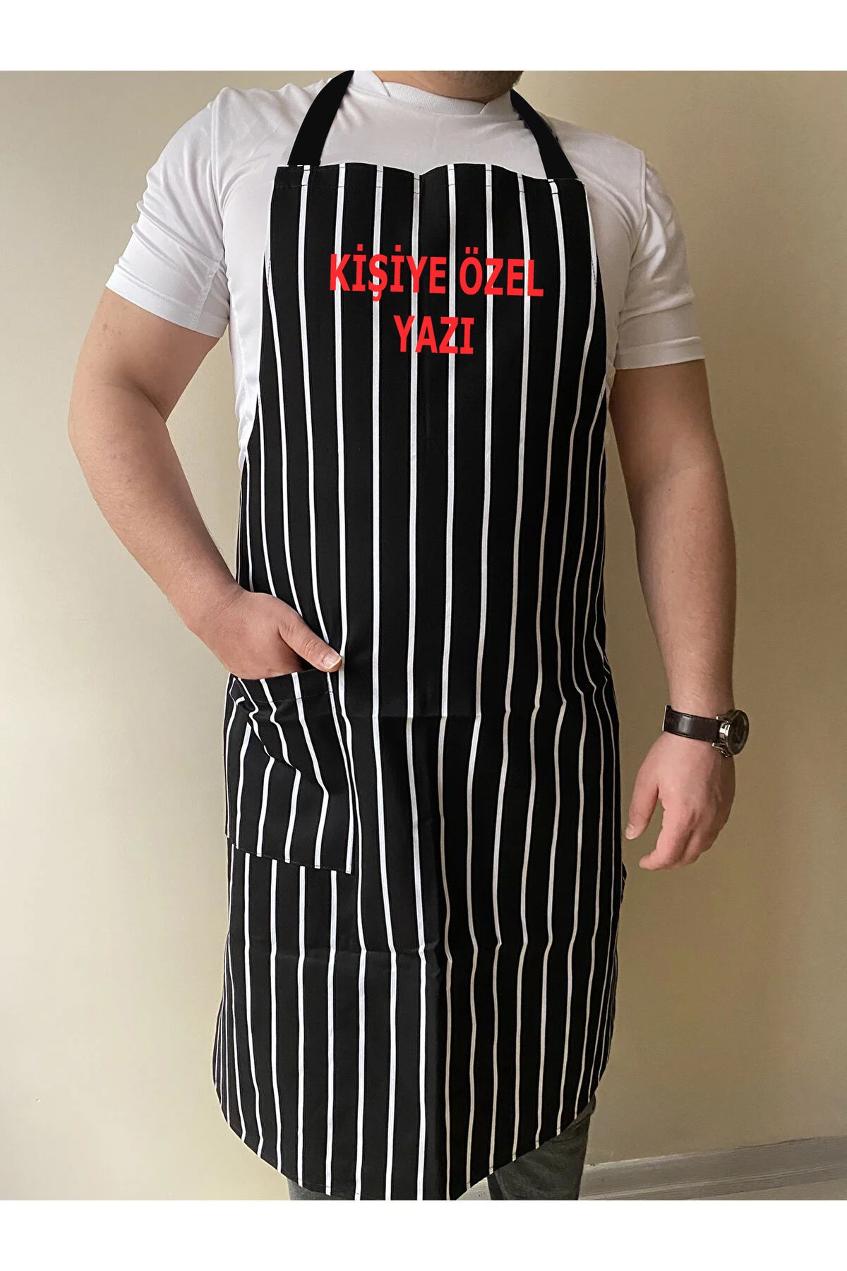 Genel Markalar Mutfak Önlüğü Garson Aşçı Boydan Önlük Cepli Unisex Siyah Beyaz Çizgili Gabardin Kumaş