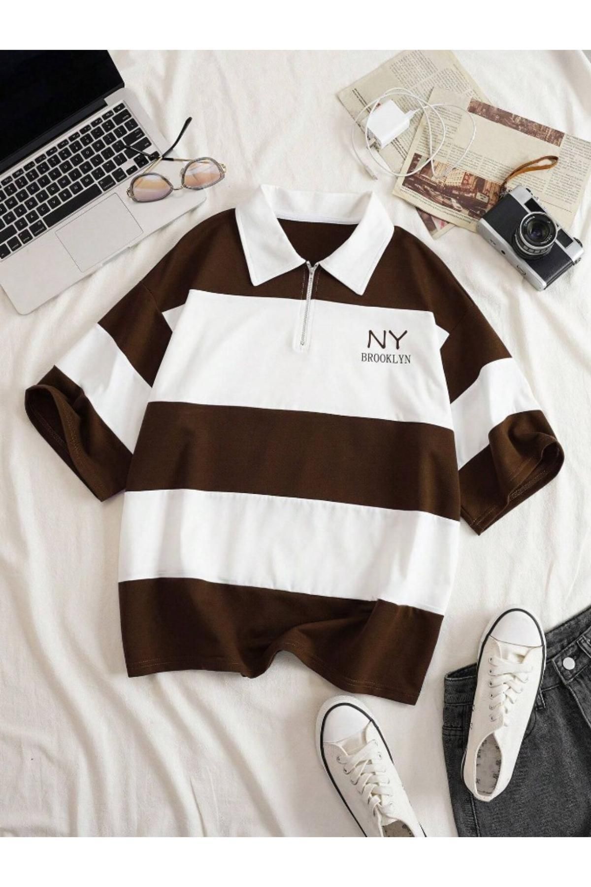 RASCHA Kadın Kahverengi Çizgili NY Baskılı Fermuarlı Polo Yaka Oversize T-shirt