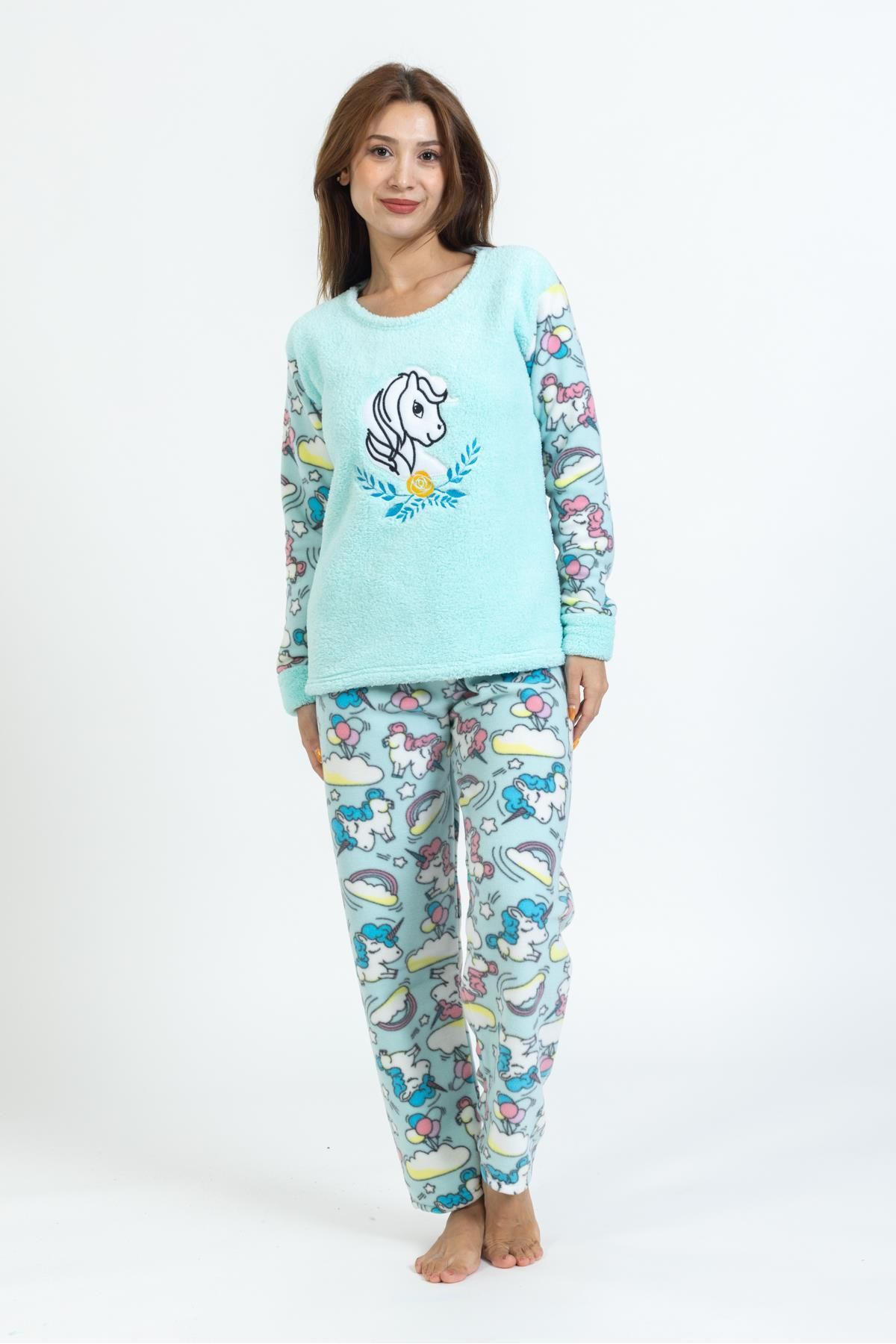 Pemilo Kadın Unicorn Desenli Polar Pijama Takımı TURKUAZ