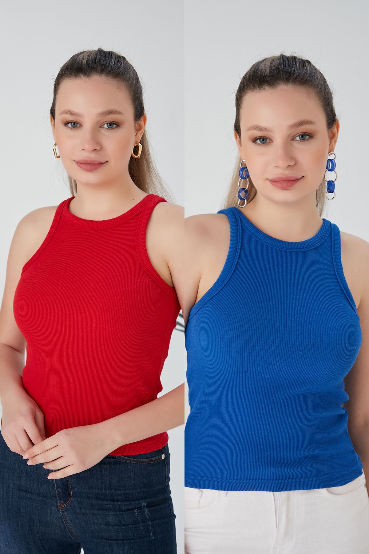 CATSPY Kırmızı Saks Mavisi 2'li Fitted/Vücuda Oturan Fitilli Esnek Örme Bluz Set