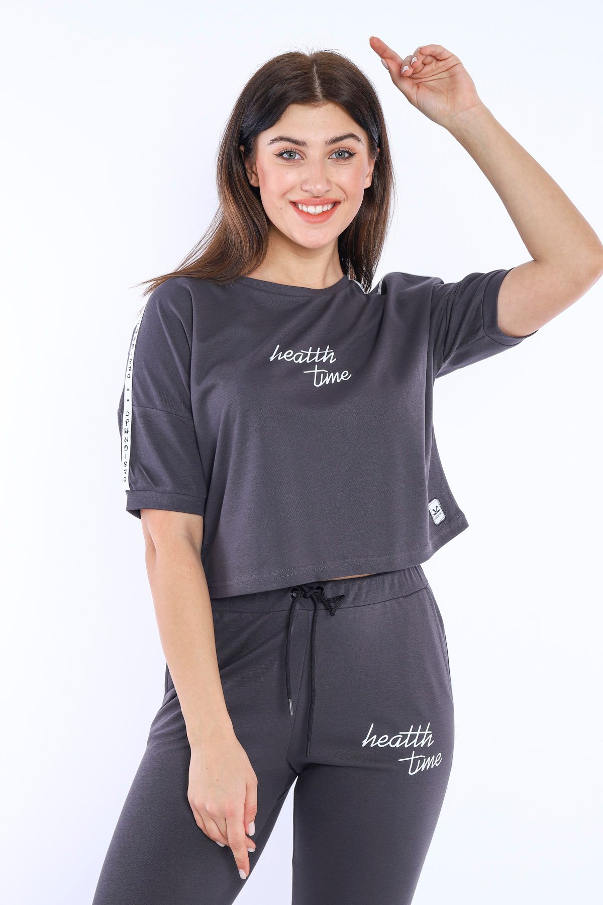 Escetic Füme Kadın Baskı Şerit Detaylı Abd Pike Nefes Alan T-shirt Takım A3000