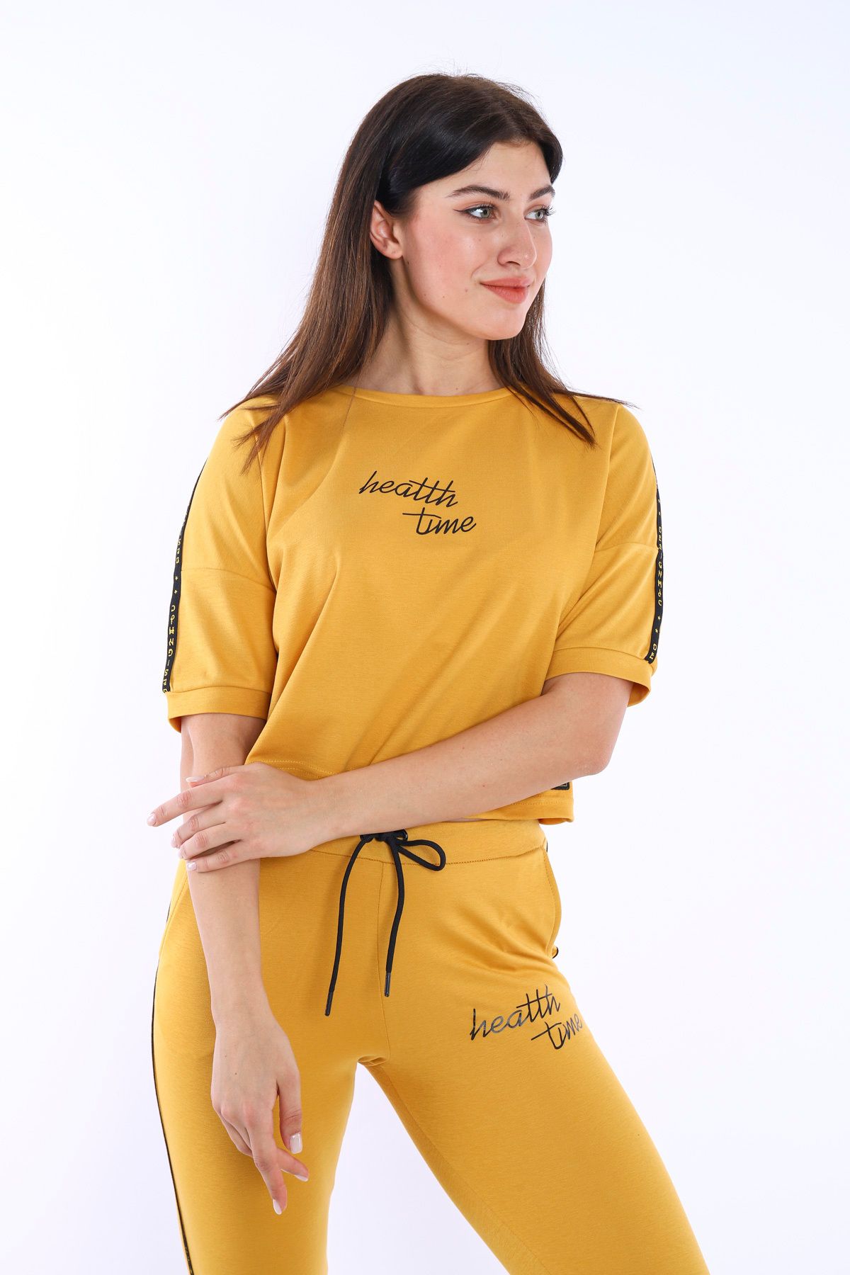 Escetic Hardal Kadın Baskı Şerit Detaylı Abd Pike Nefes Alan T-shirt Takım A3000