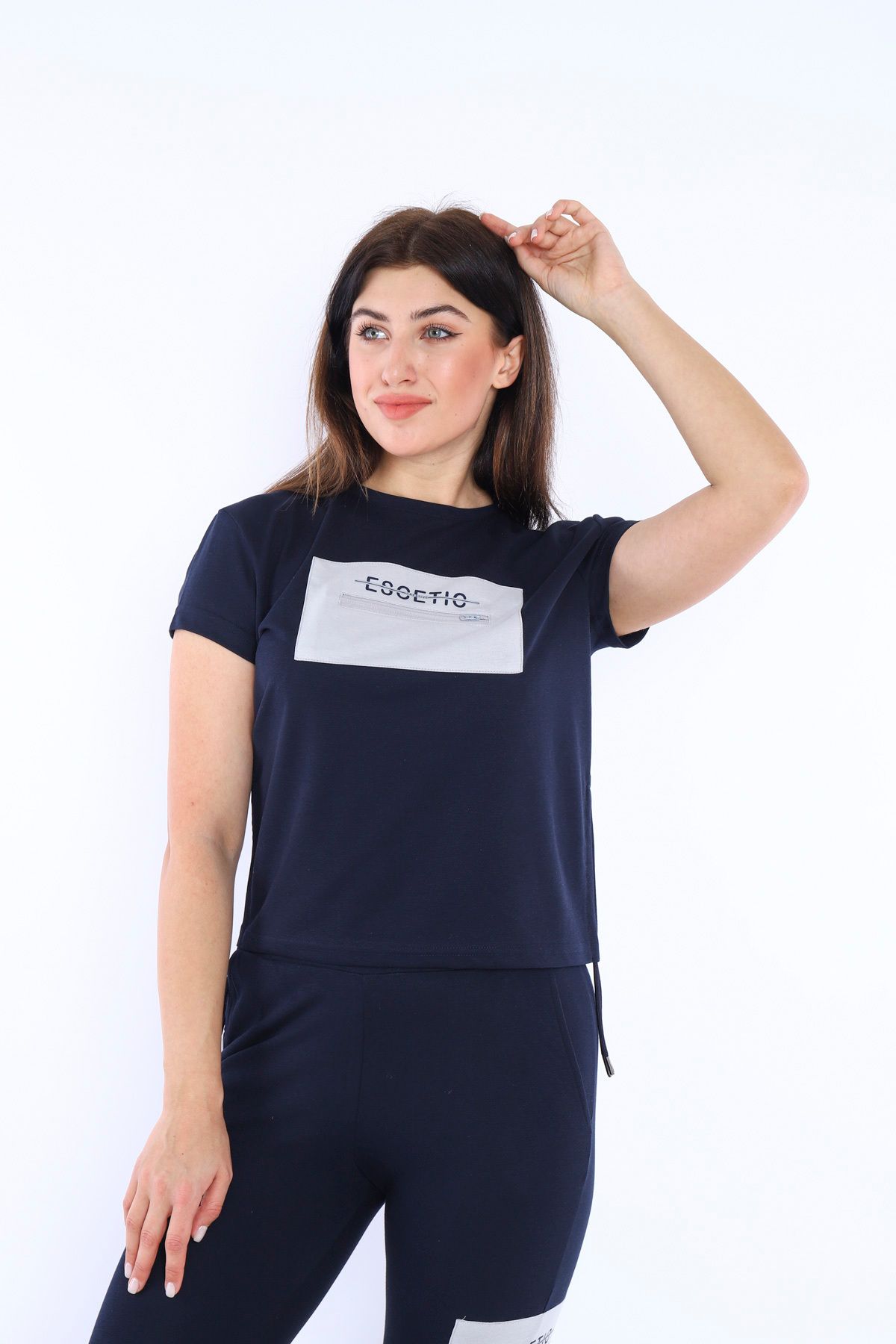 Escetic Lacivert Kadın Dokuma Detaylı Abd Pike Nefes Alan T-shirt Takım A3004