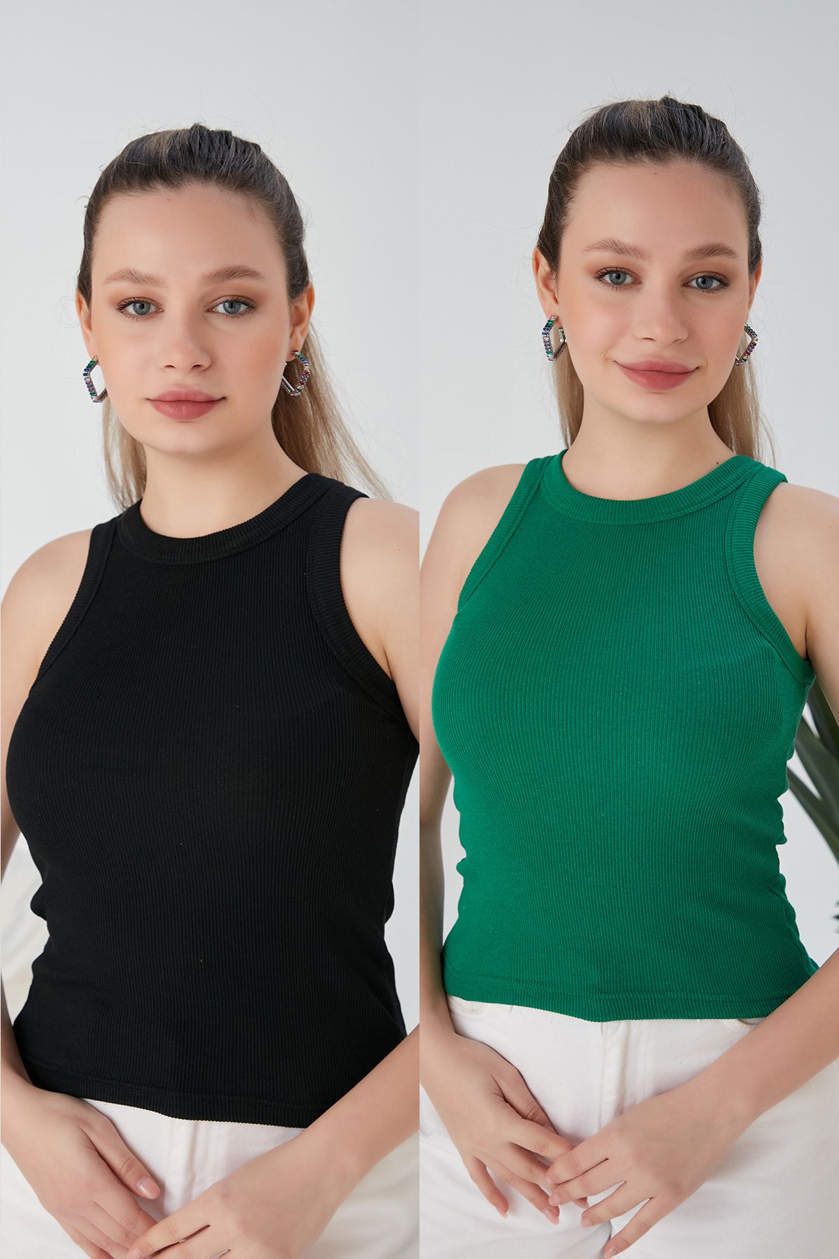 CATSPY Siyah Yeşil Zargo Model 2'li Set Fitted Geniş Biyeli Halter Yaka Fitilli Esnek Örme Crop Bluz
