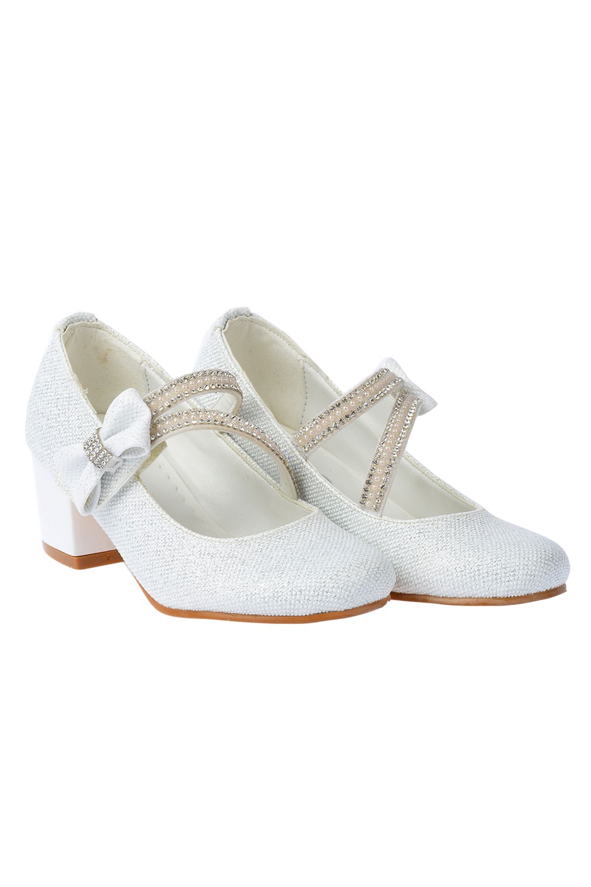 Kiko Kids Kız Çocuk Beyaz Abiye Ayakkabı Simli Günlük 4 Cm Topuklu Bilekten Bantlı Fiyonklu 750