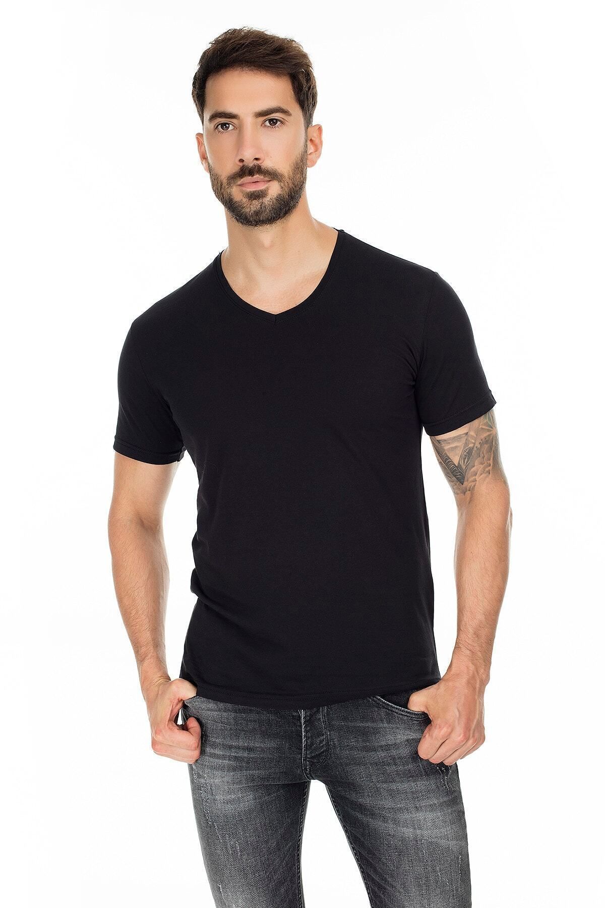 Buratti Erkek SİYAH V Yaka Slim Fit Pamuklu Basic T Shirt 5722512V