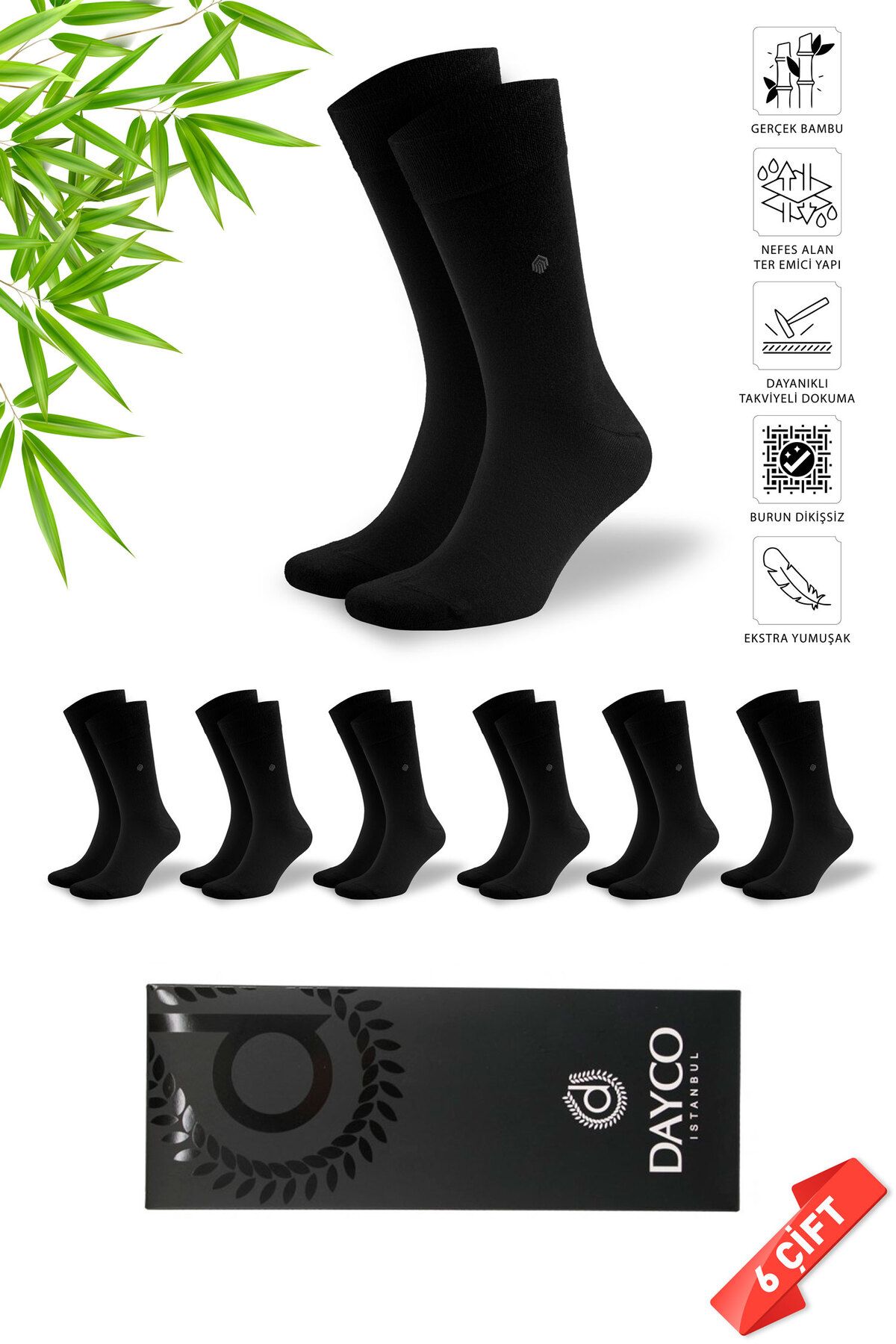 DAYCO Premium Dikişsiz Klasik Uzun Siyah Yazlık Erkek Bambu Soket Çorap 6lı Hediyelik Kutulu Set