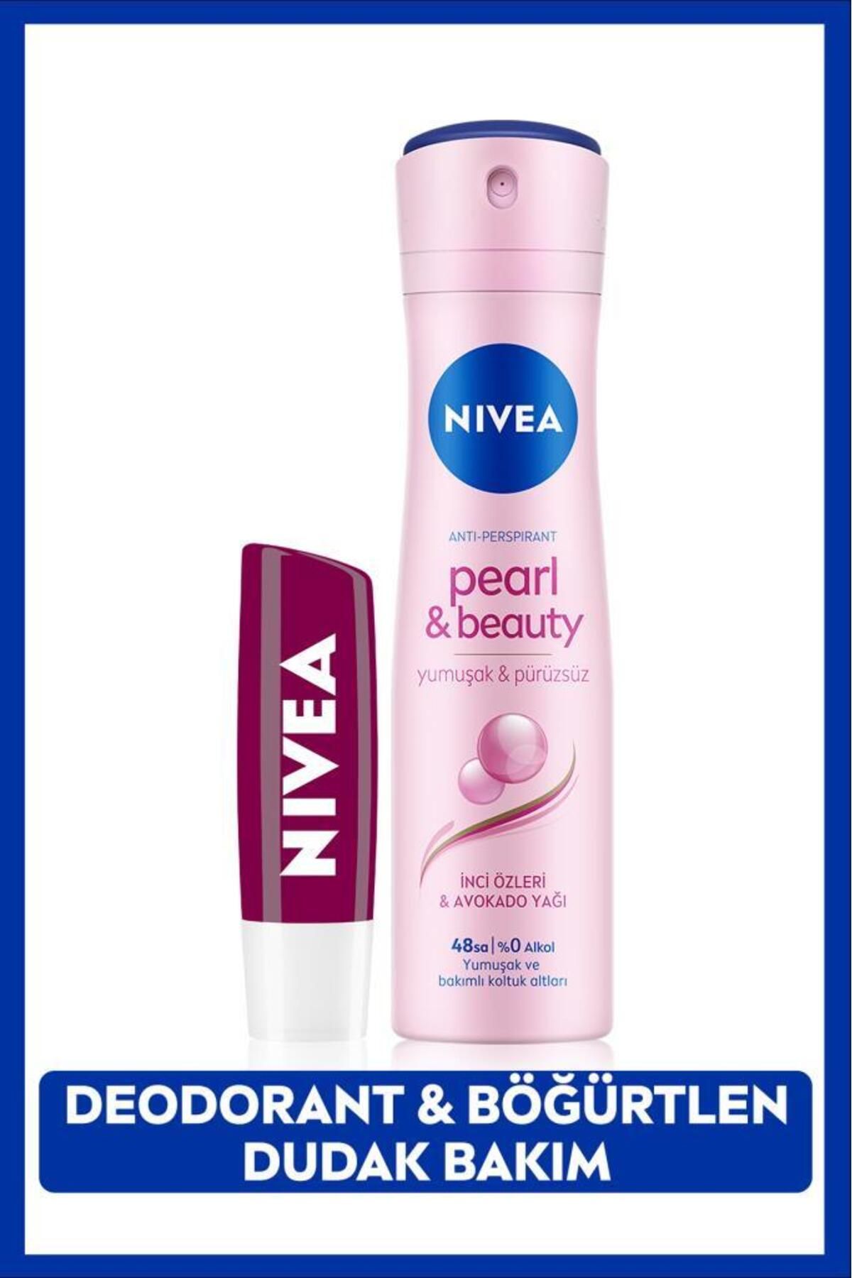 NIVEA Kadın Sprey Deodorant Pearl&Beauty 150ml, 48 Saat Koruma ve Nemlendirici Böğürtlen Dudak Bakım Kremi