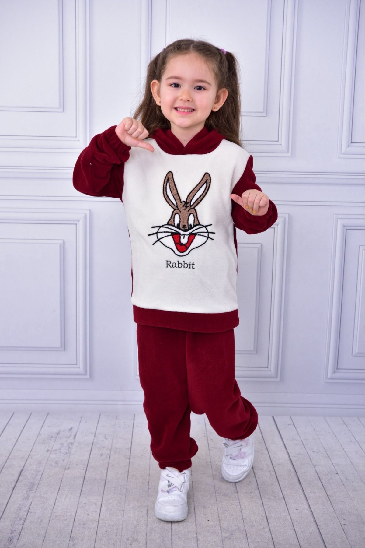 BUUFUU Unisex Çocuk Kapüşonlu tavşan Nakış Detaylı Polar Sweatshirt Ve Pantolon 2'li Alt Üst Takım