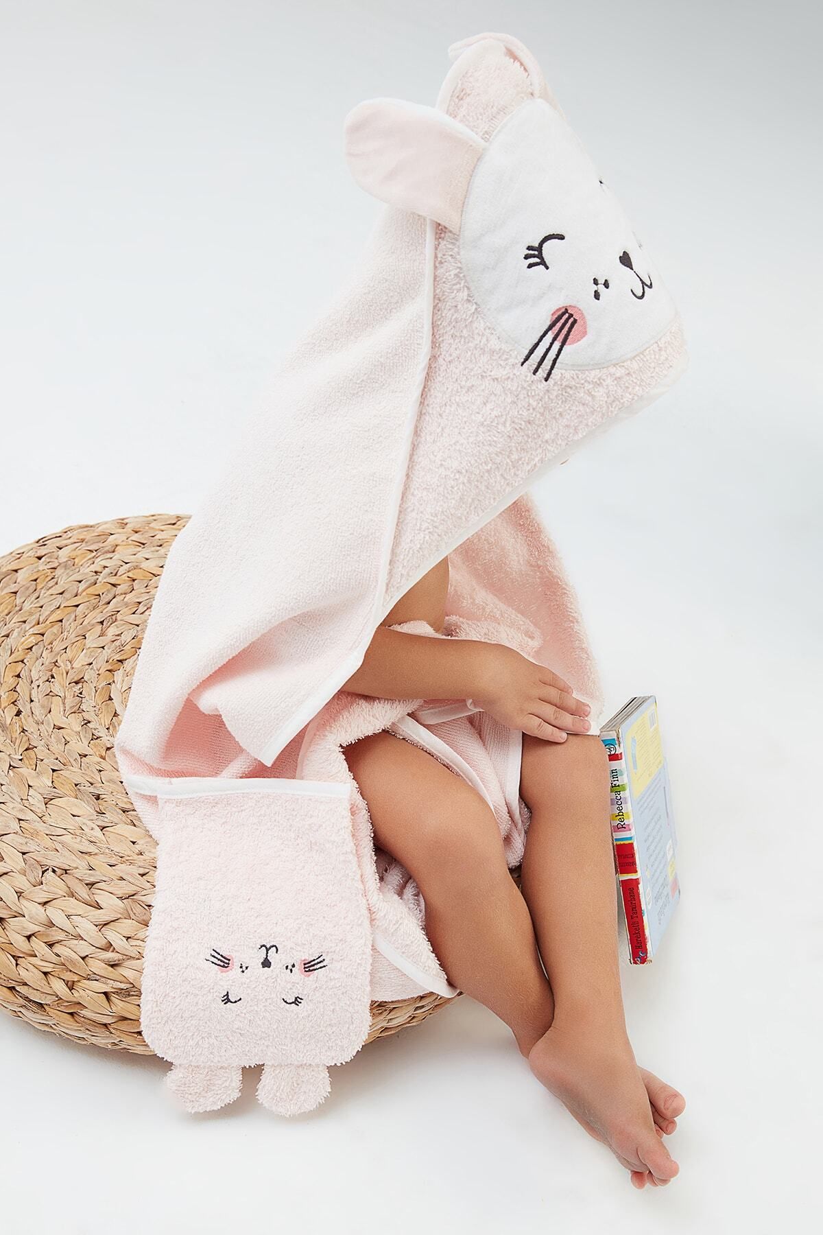 Nefa Tavşan Desen Pembe Pamuklu Bebek Kundak Havlu + Kese