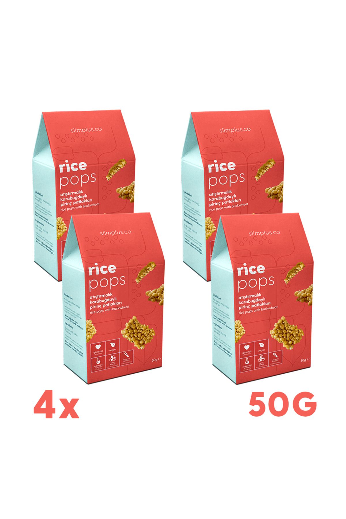slimplus 4 Paket Glutensiz Vegan Rice Pops Atıştırmalık Karabuğdaylı Pirinç Patlakları 50g