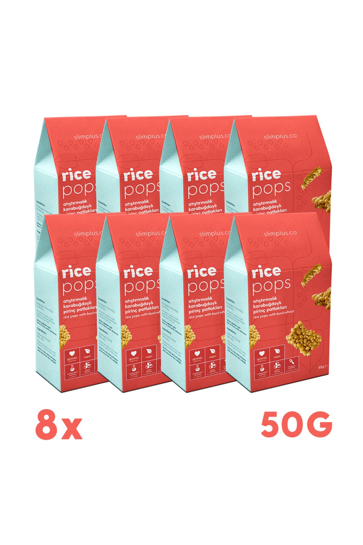 slimplus 8 Paket Glutensiz Vegan Rice Pops Atıştırmalık Karabuğdaylı Pirinç Patlakları 50g