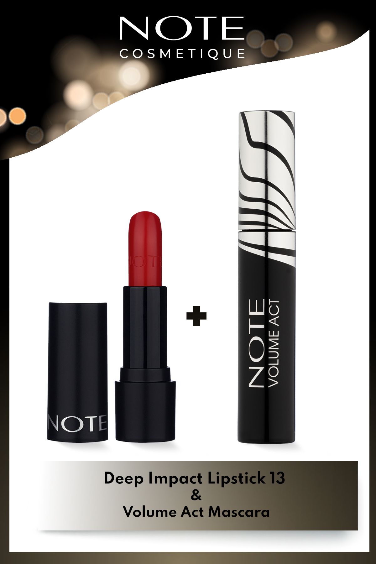 Note Cosmetics Deep Impact Lipstick Parlak Ruj 13 Impressive Red - Kırmızı & Volume Act Maskara Makyaj Seti