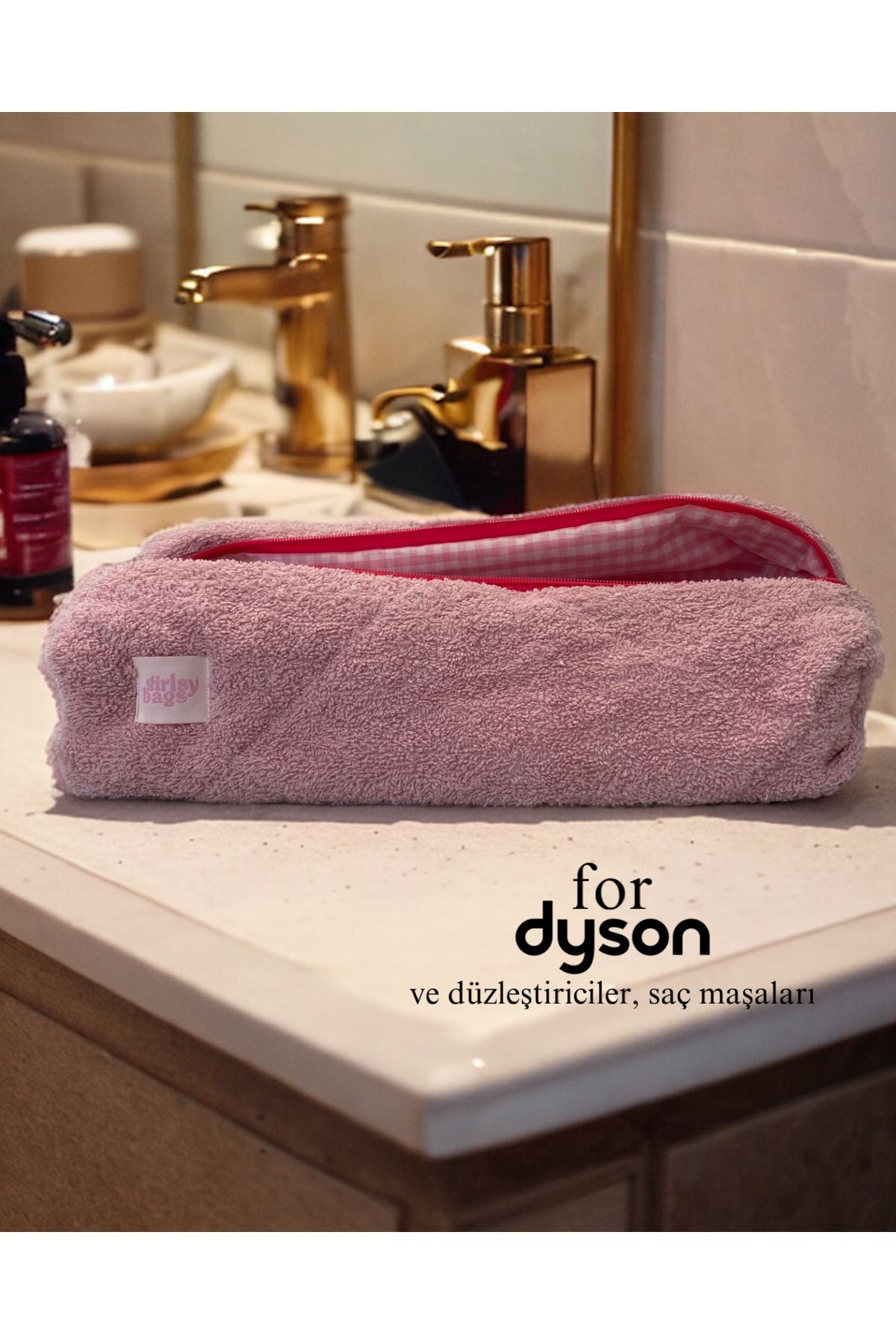girlsybags Dyson Tüm Parçalar Için Çanta Pembe Havlu Düzleştirici Saç Maşası Çantası Büyük Makyaj Çanta Xxl