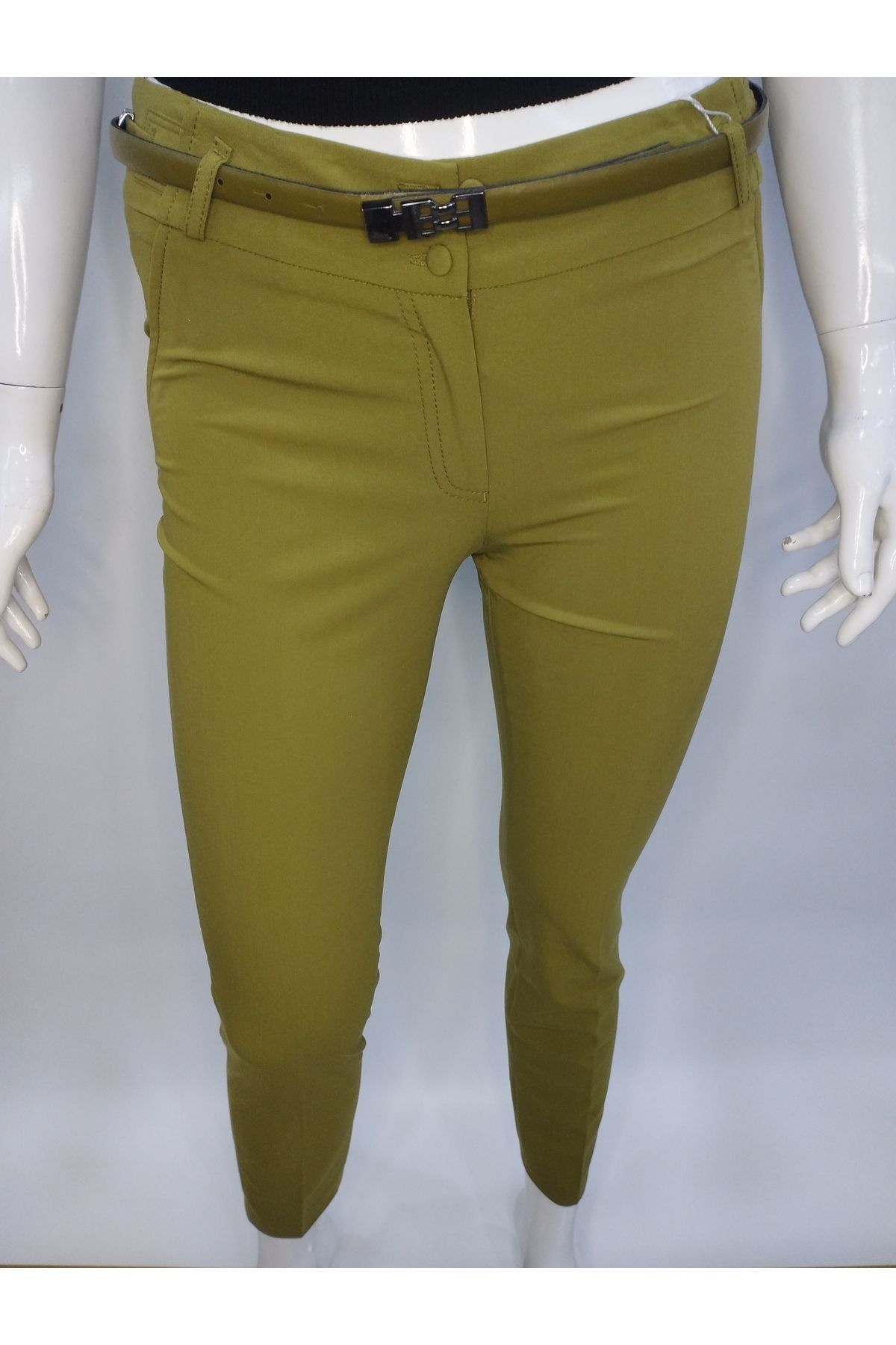 Lefon Kadın Düz Tokalı Cepli Pantolon - Su Yeşili Sarı
