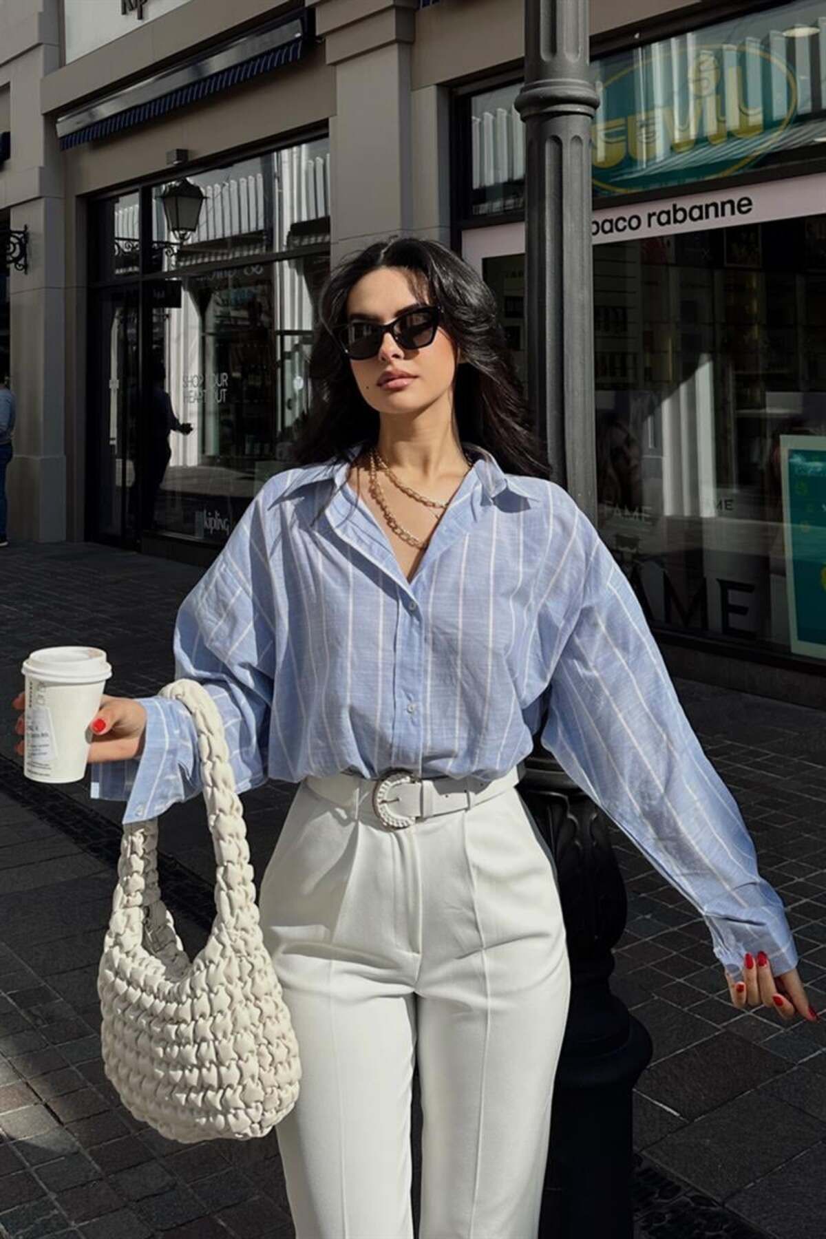 Lusin Kadın Premium Kalite Çizgili Uzun Kol Oversize Gömlek - Mavi