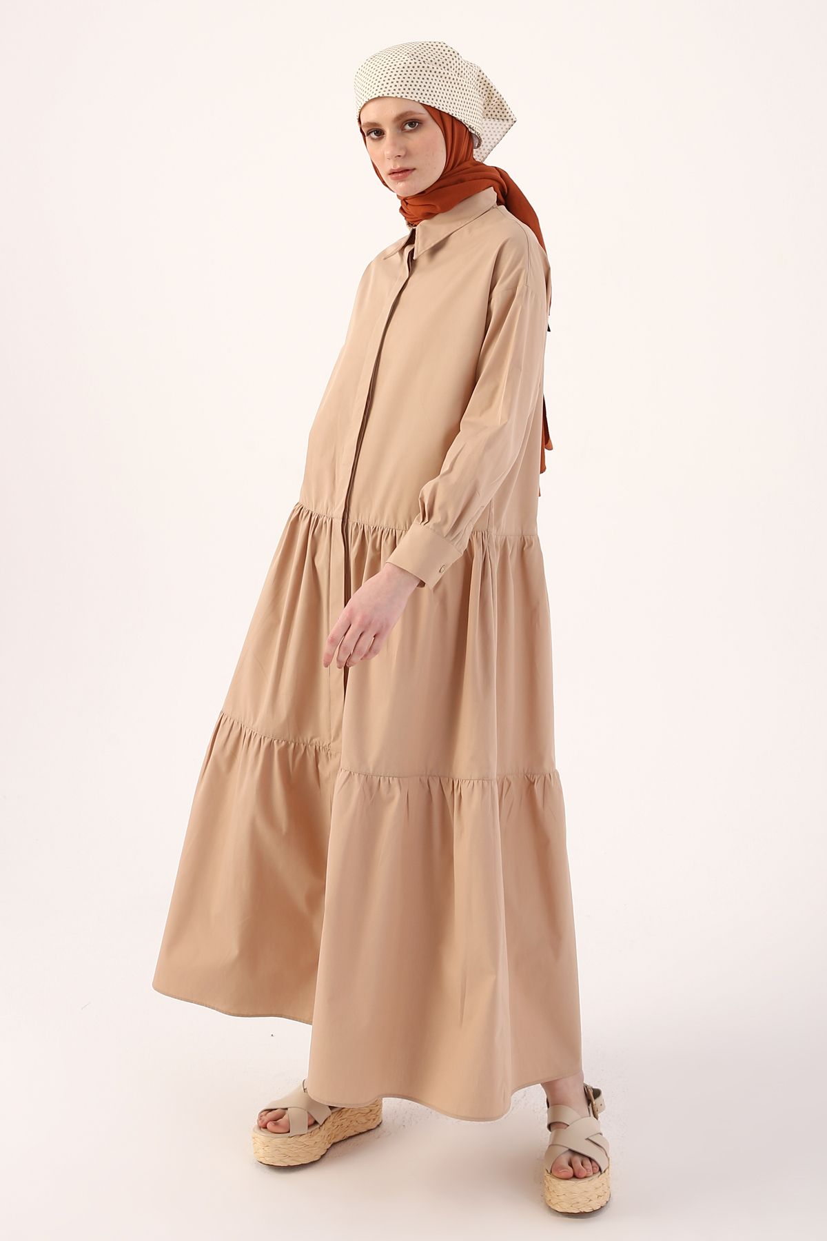 ALLDAY Camel %100 Pamuk Büzgülü Gömlek Elbise