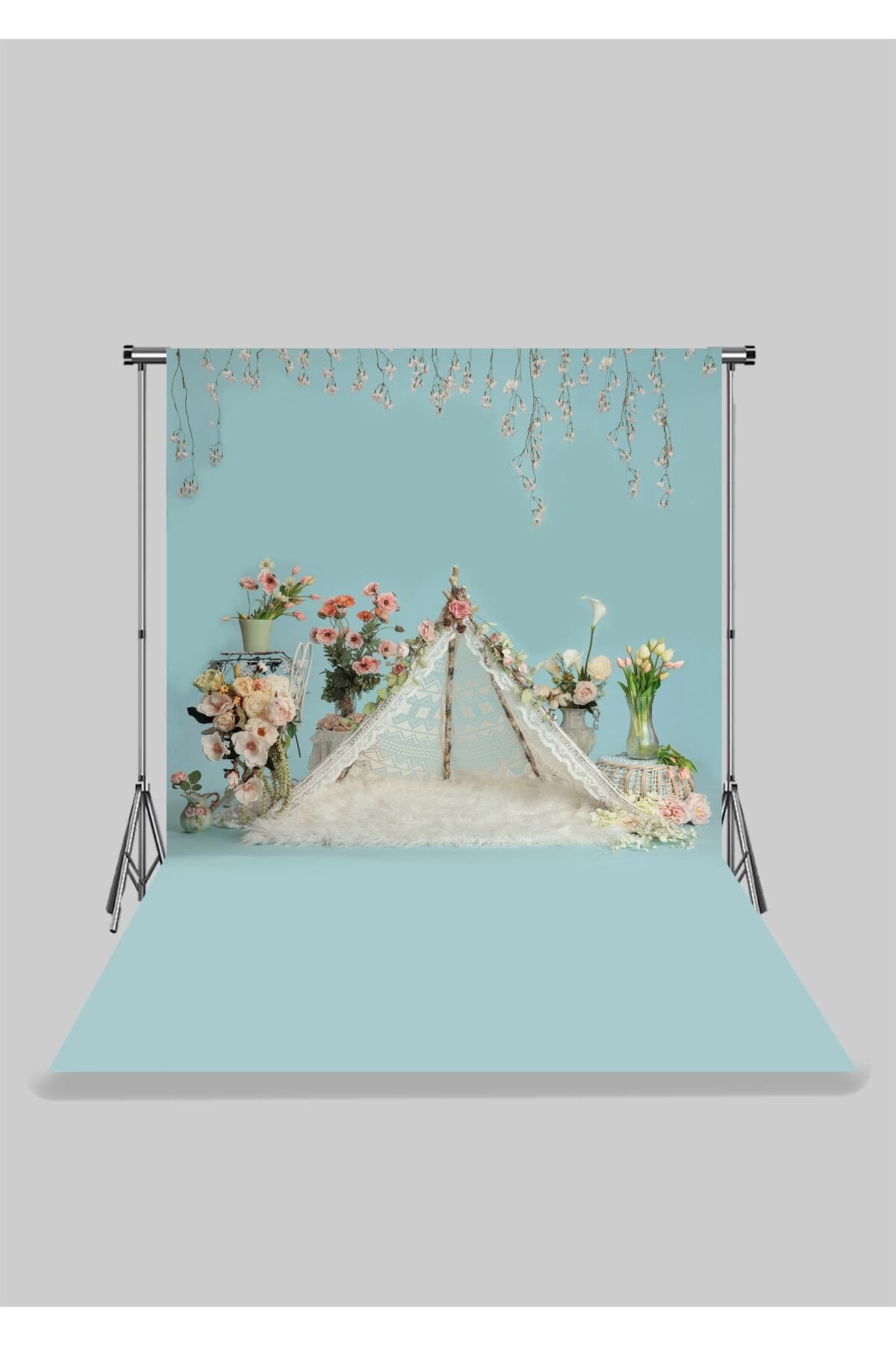 FONHANE 2x2.5 Mt Kumaş Çocuk Stüdyo Fonu - Mavi Zeminli Bahar Çiçekli Beyaz Çadır