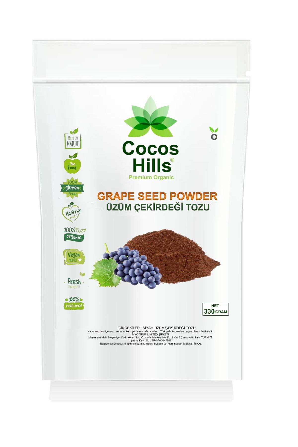 Cocos Hills Black Grape Seed Powder Siyah Üzüm Çekirdeği Tozu 330 gram