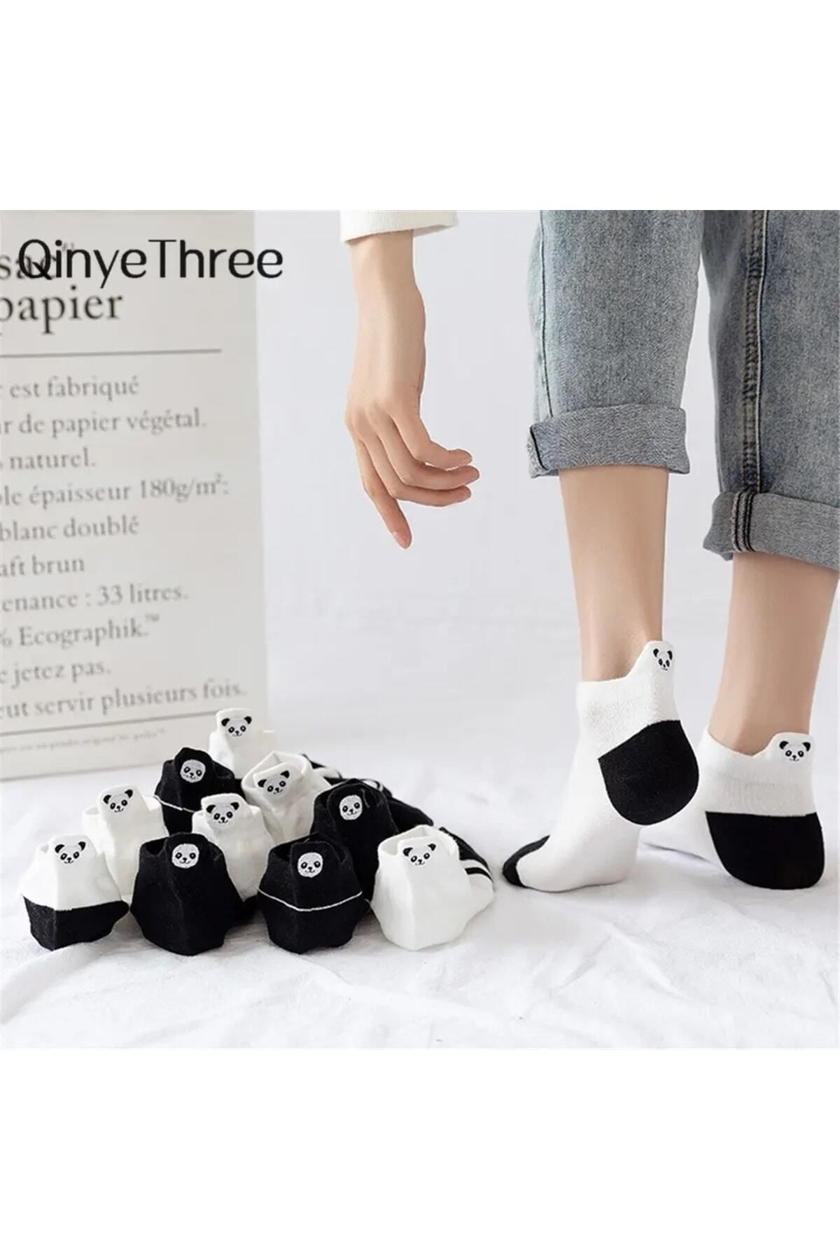Önder 5 Çift Kadın Siyah Beyaz Yıkamalı Panda Desenli Nakışlı Patik Çorap