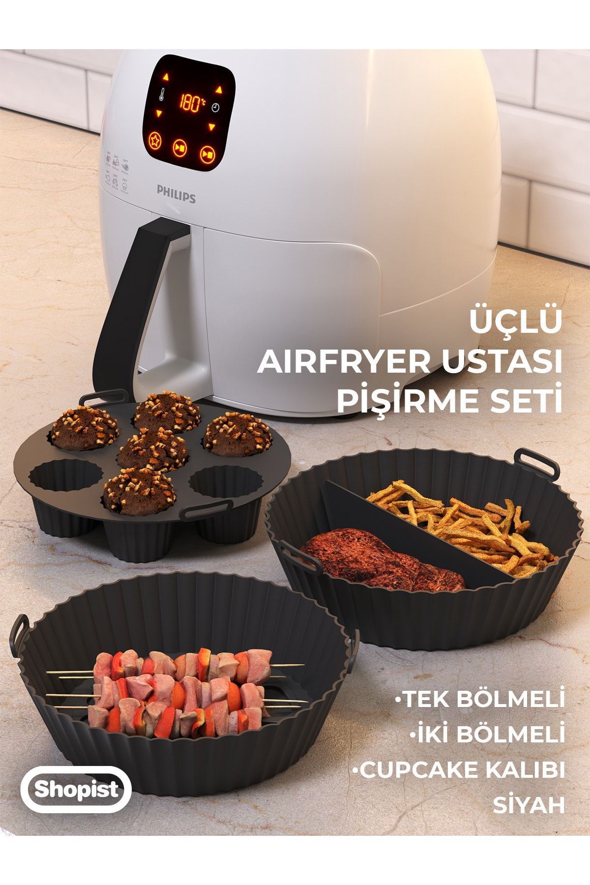 SHOPİST Airfryer Ustası 3'lü Pişirme Seti Silikon Siyah Renk Pişirme Kağıdı Airfryer Aksesuar Bpa Free