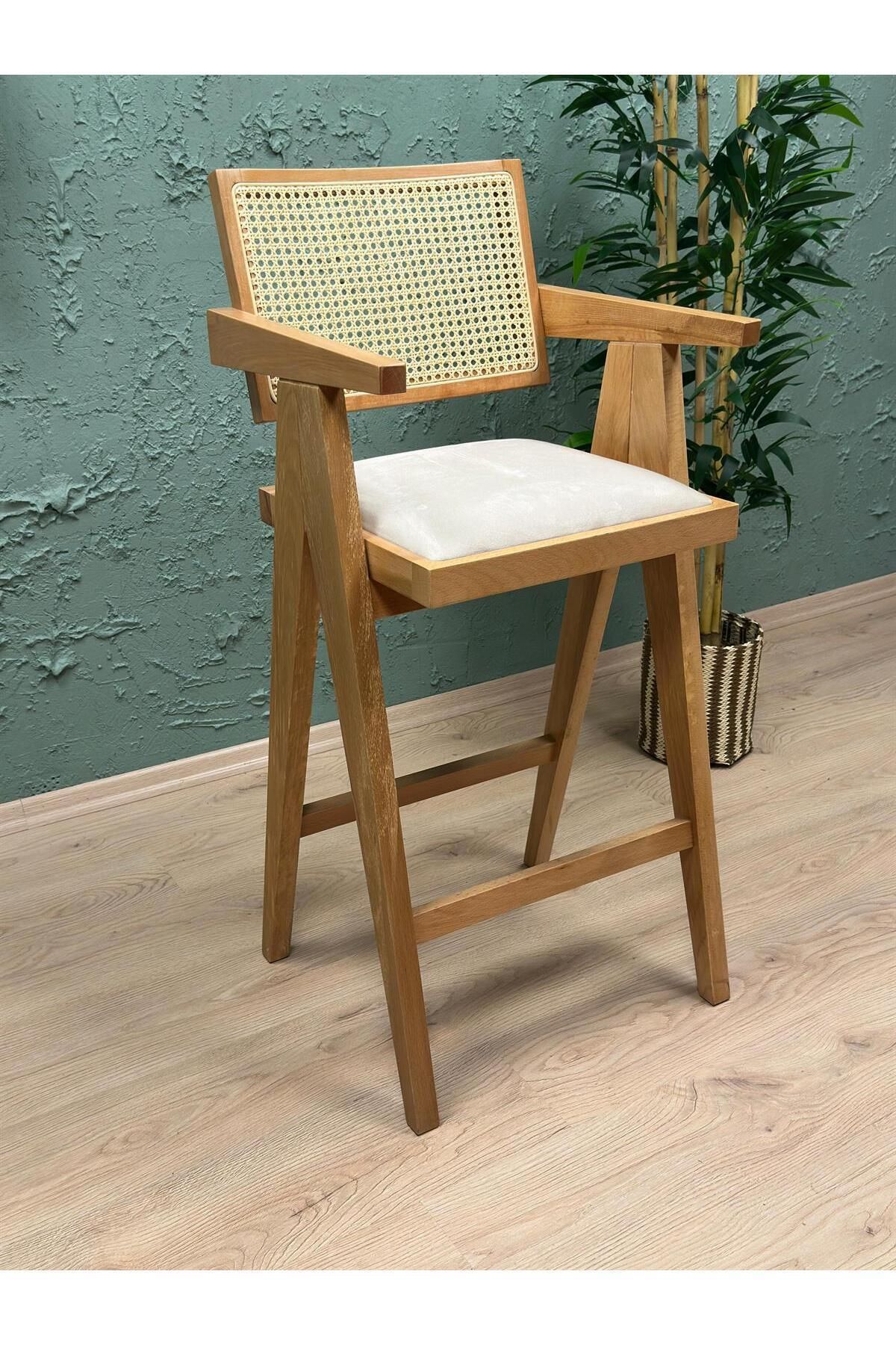 Belmino Mobilya Luna Kollu Hasırlı Ahşap Bar Sandalyesi - Ahşap Sandalye - Mutfak Cafe Yemek Masası Sandalyesi