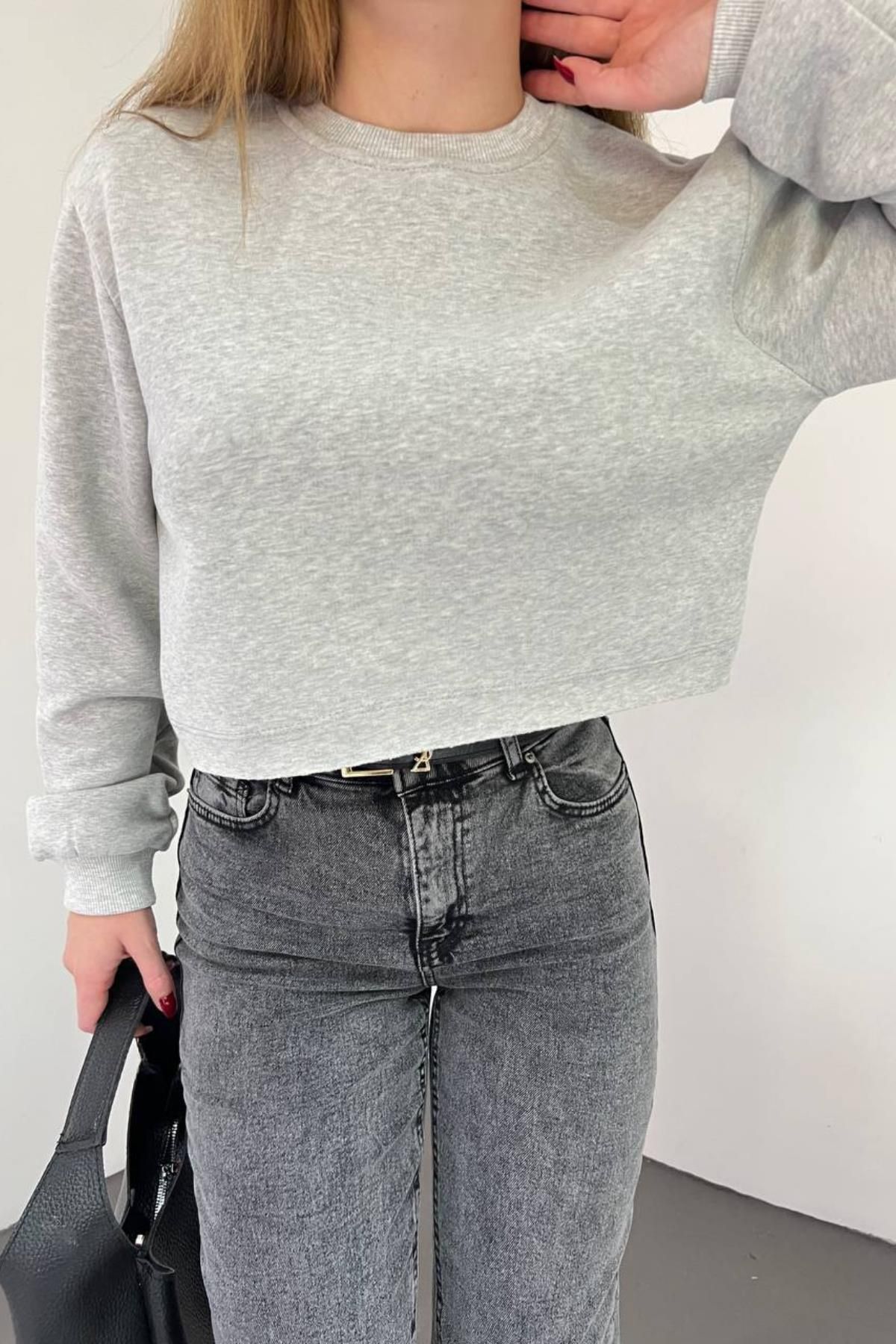 Mossta Oversize Polarlı Kısa Sweat Gri