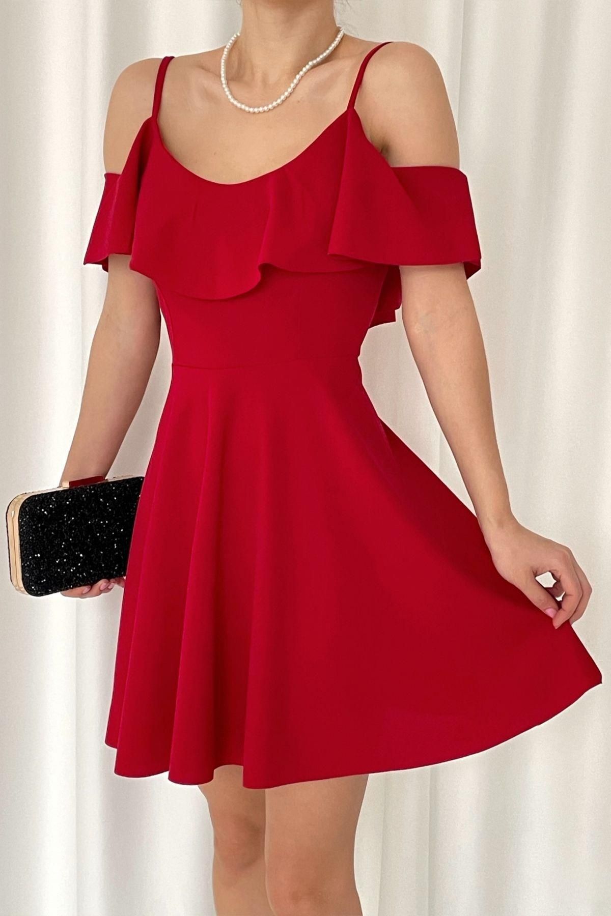 Mossta Askılı Fırfırlı Krep Elbise Kırmızı
