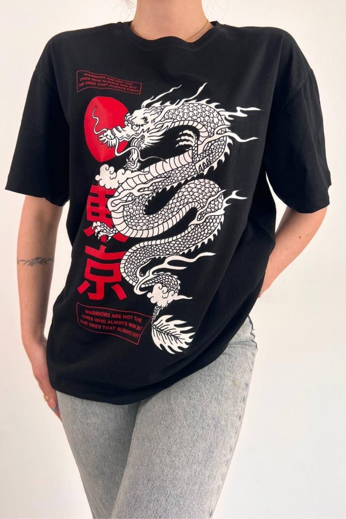 Mossta Dragon Desen Basic Kısa Kollu T-shirt Siyah