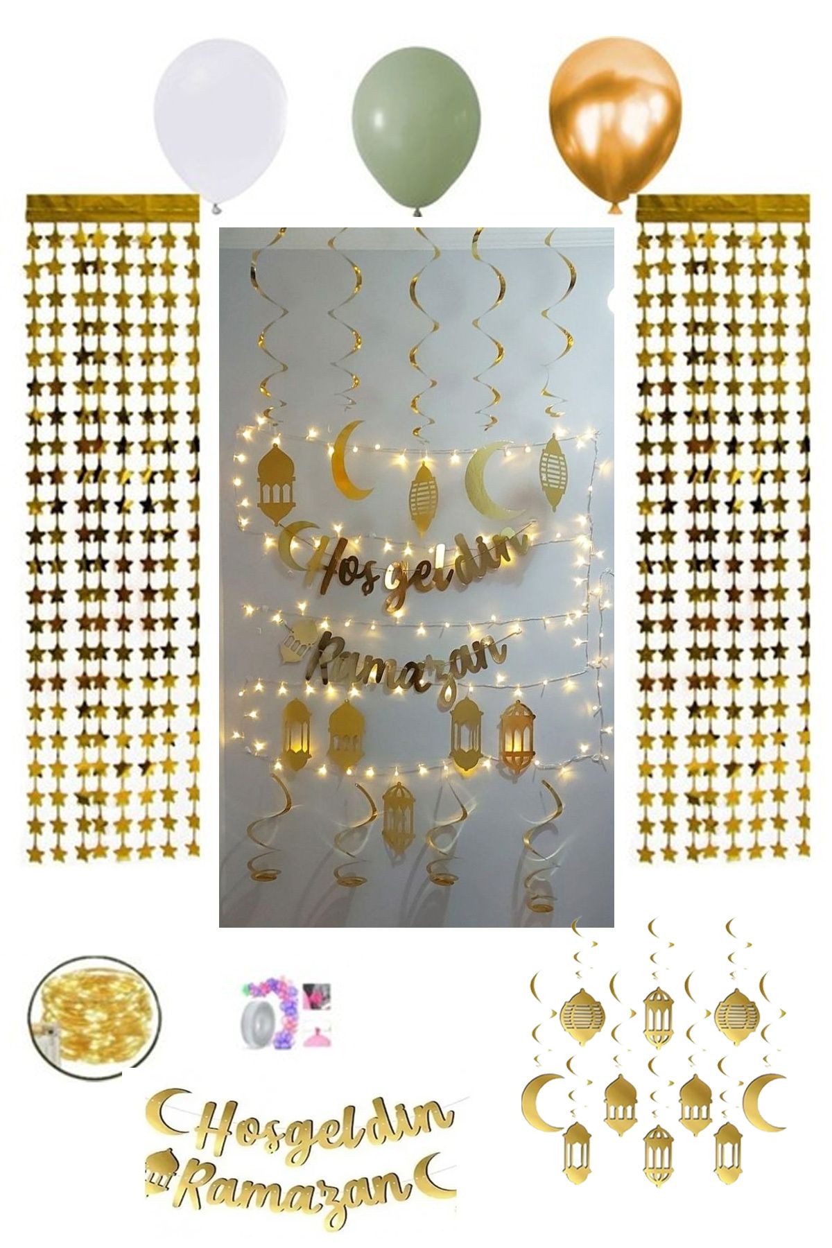 Hayaller Dükkanı Hoşgeldin Ramazan Süsleme Seti Led Işılı Perdeli Set 13 balonlu Lüks Set-