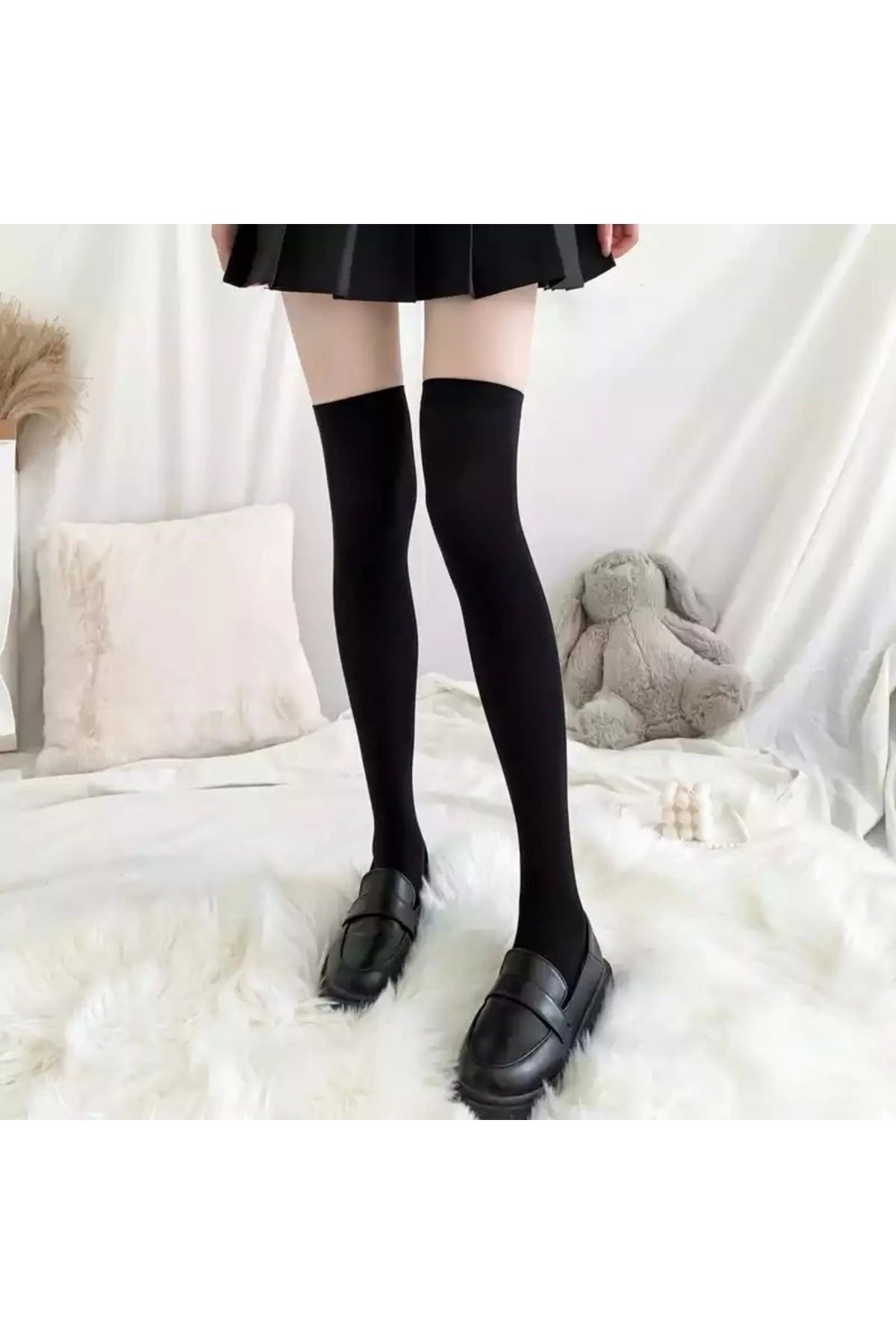 DarkellaStore Gotik Lolita Harajuku Diz Üstü Siyah Çorap