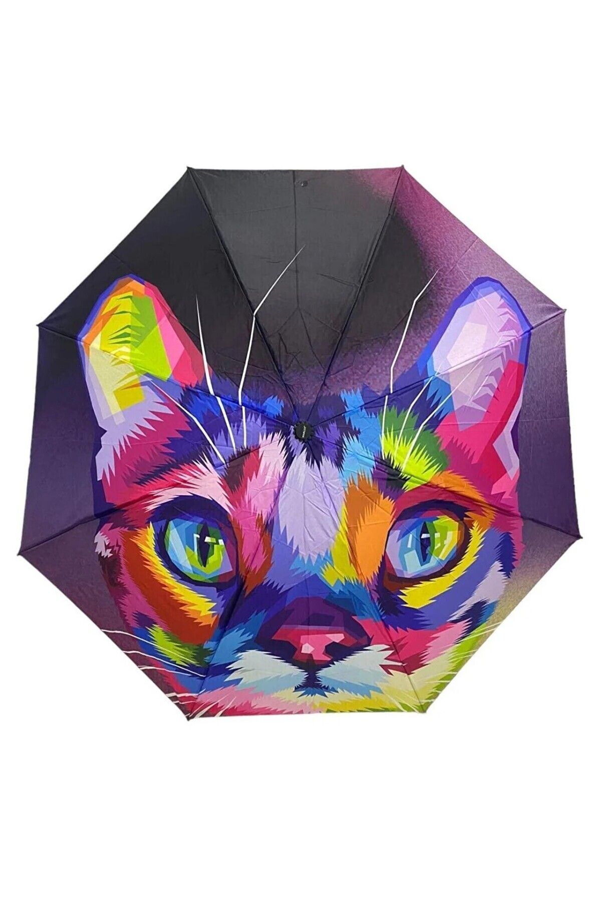 esdekor Kedi Kafa Desenli Şemsiye Kadın Aksesuar Manuel Katlamalı Kumaş Çok Renkli Rengarenk 1 Adet