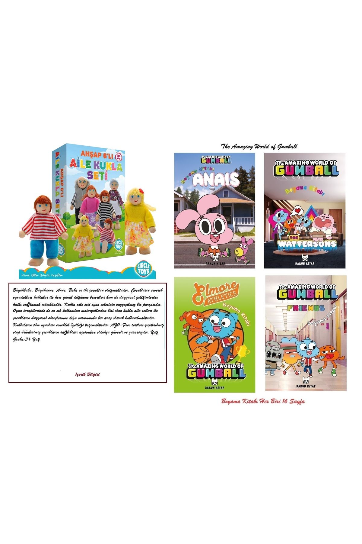 Circle Toys Ahşap 6'lı Aile Kukla Seti ve The Amazing World of Gumball Carton Network 4 Adet Boyama Kitabı Hediy