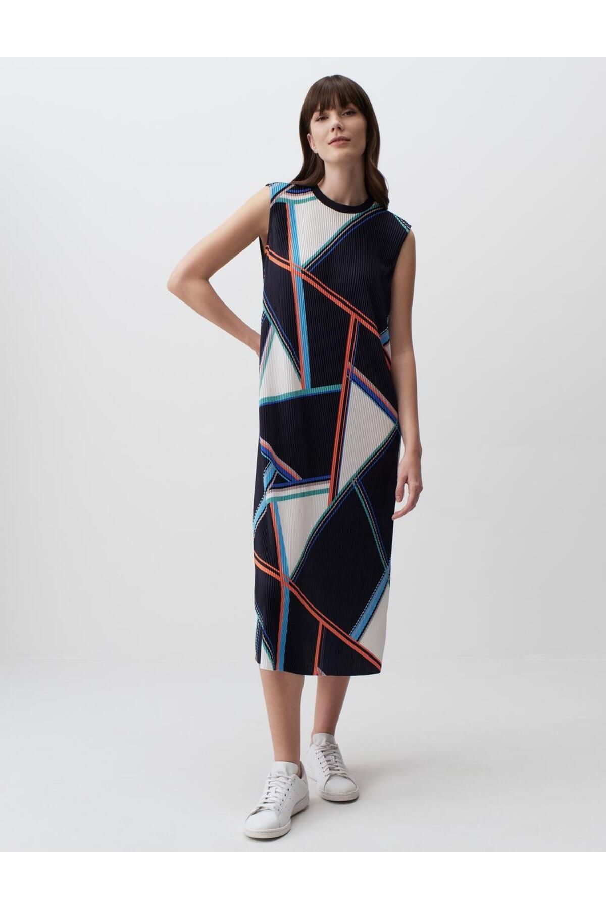 Jimmy Key Karışık Geometrik Desenli Piliseli Midi Elbise Çok Renkli