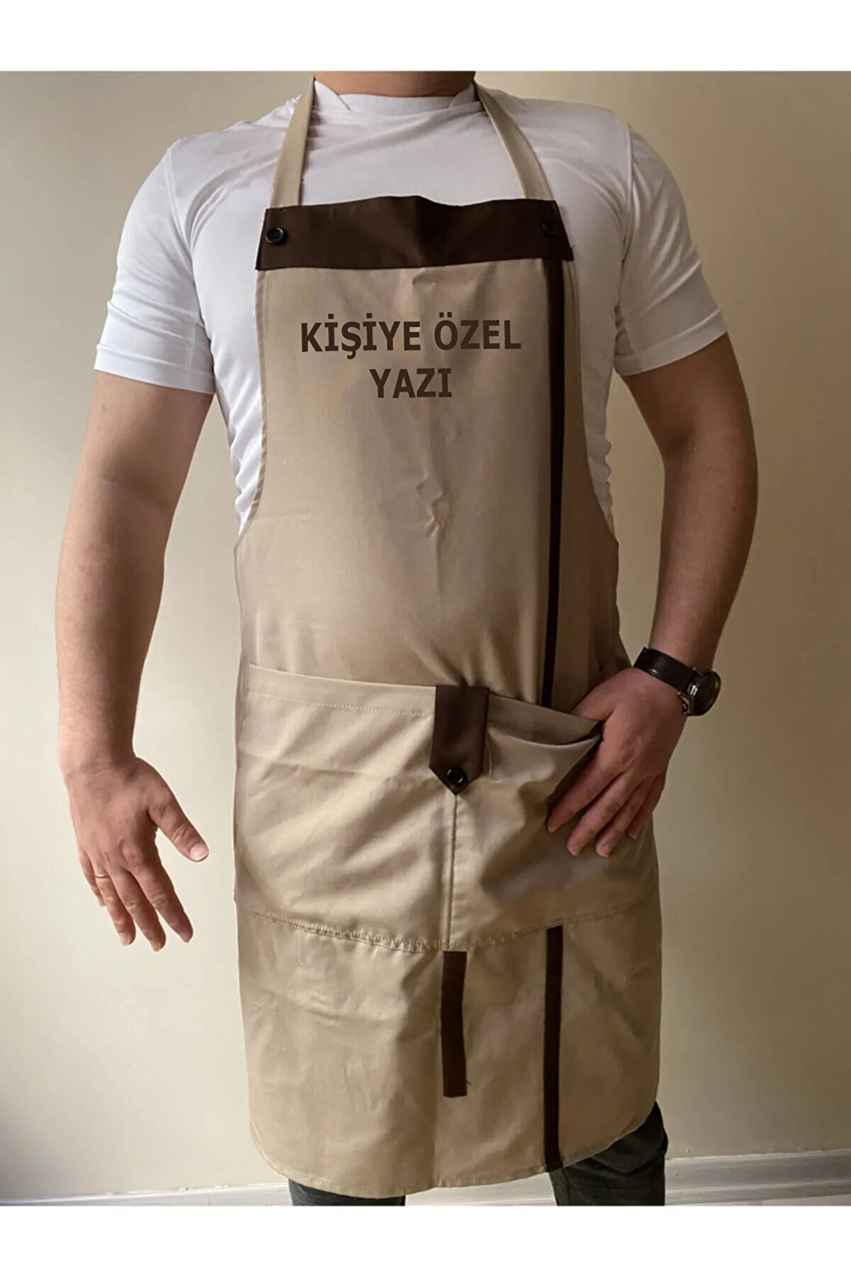 Umut Tekstil Mutfak Garson Aşçı Şef Iş Servis Önlüğü Boydan Askılı Cepli Düğmeli Kahverengi Unisex