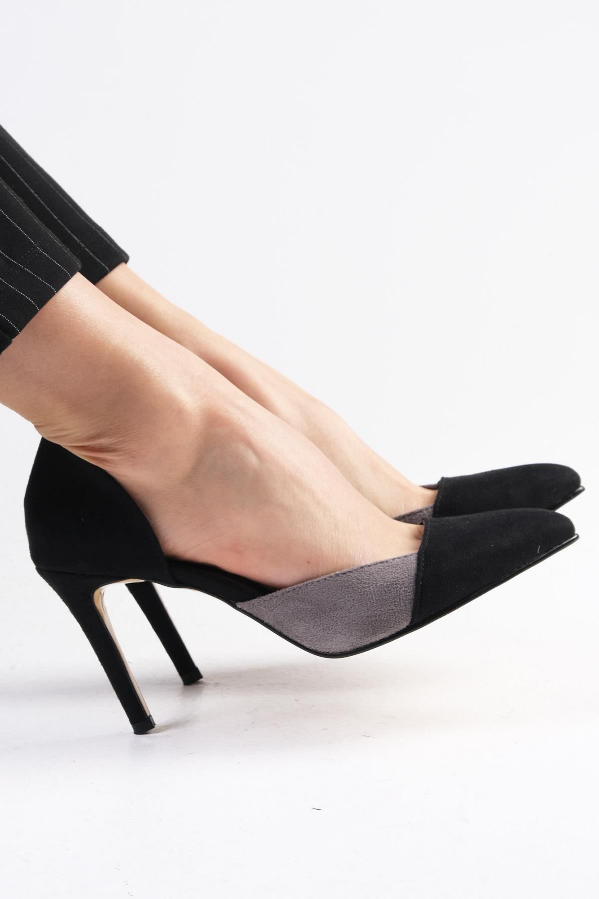 Mio Gusto Brien Siyah Ve Gri Renk Süet Renk Bloklu Kadın Stiletto Topuklu Ayakkabı