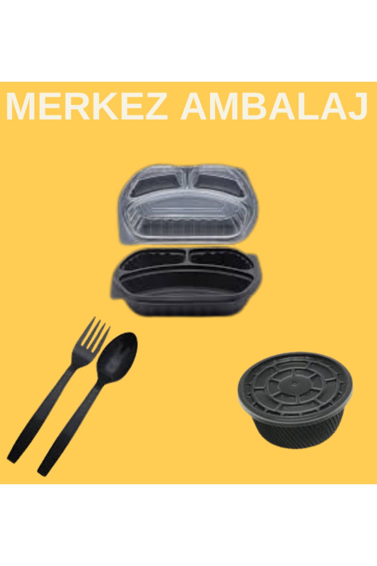 ELİMER Siyah Plastik Yemek Kapı 10 Adet (mikro dalgaya uygun ) +10 adet çorba kase+10 adet çatal kaşık