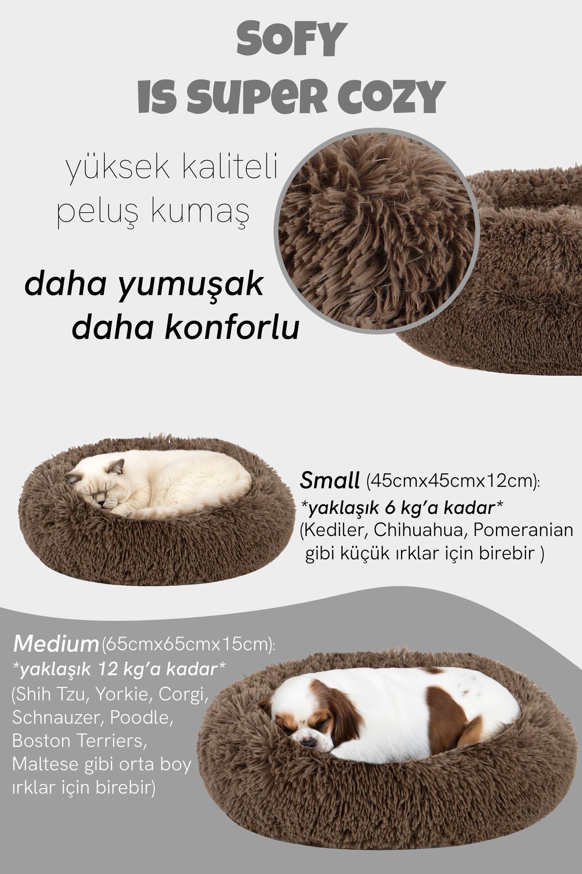 Jungolica Pet Products Sofy, Donut Şeklinde Sakinleştirici Etkili, Yüksek Kaliteli, Peluş Kedi Ve Köpek Yatağı