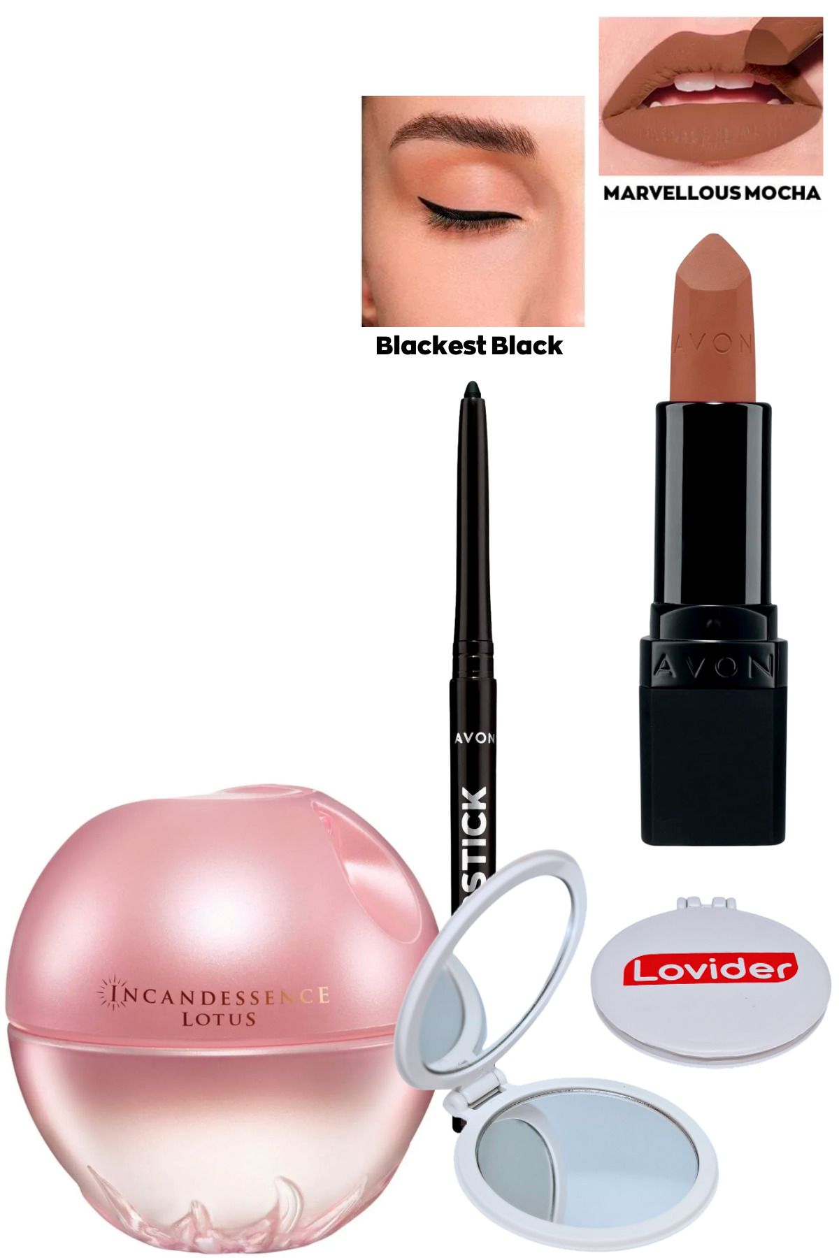 Avon Incandessence Lotus Kadın Parfüm + Siyah Göz Kalemi + Marvellous Mocha Mat Ruj + Lovider Cep Aynası