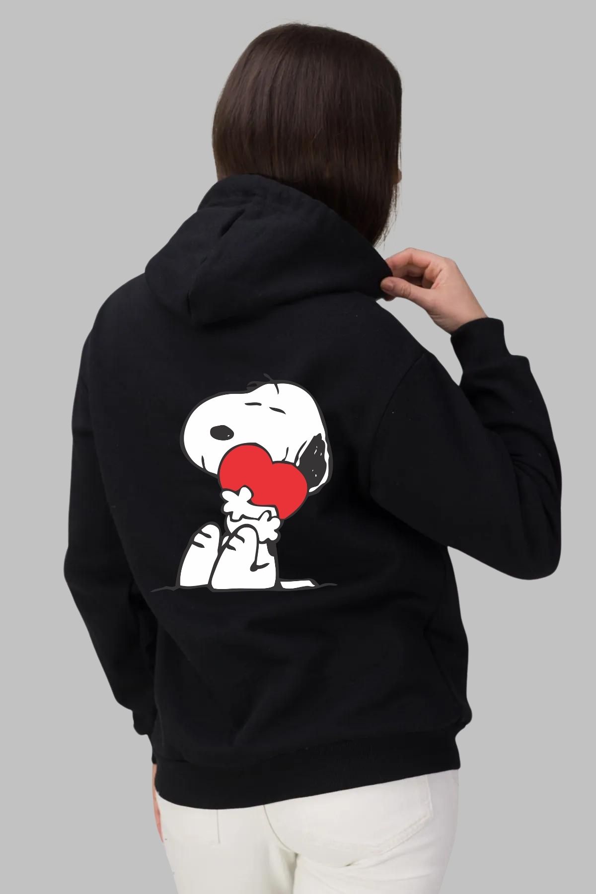 MAD COLLECTİON Siyah Kalın Kışlık Kumaş Unisex Fermuarlı Kapşonlu Snoopy Baskılı Ceket