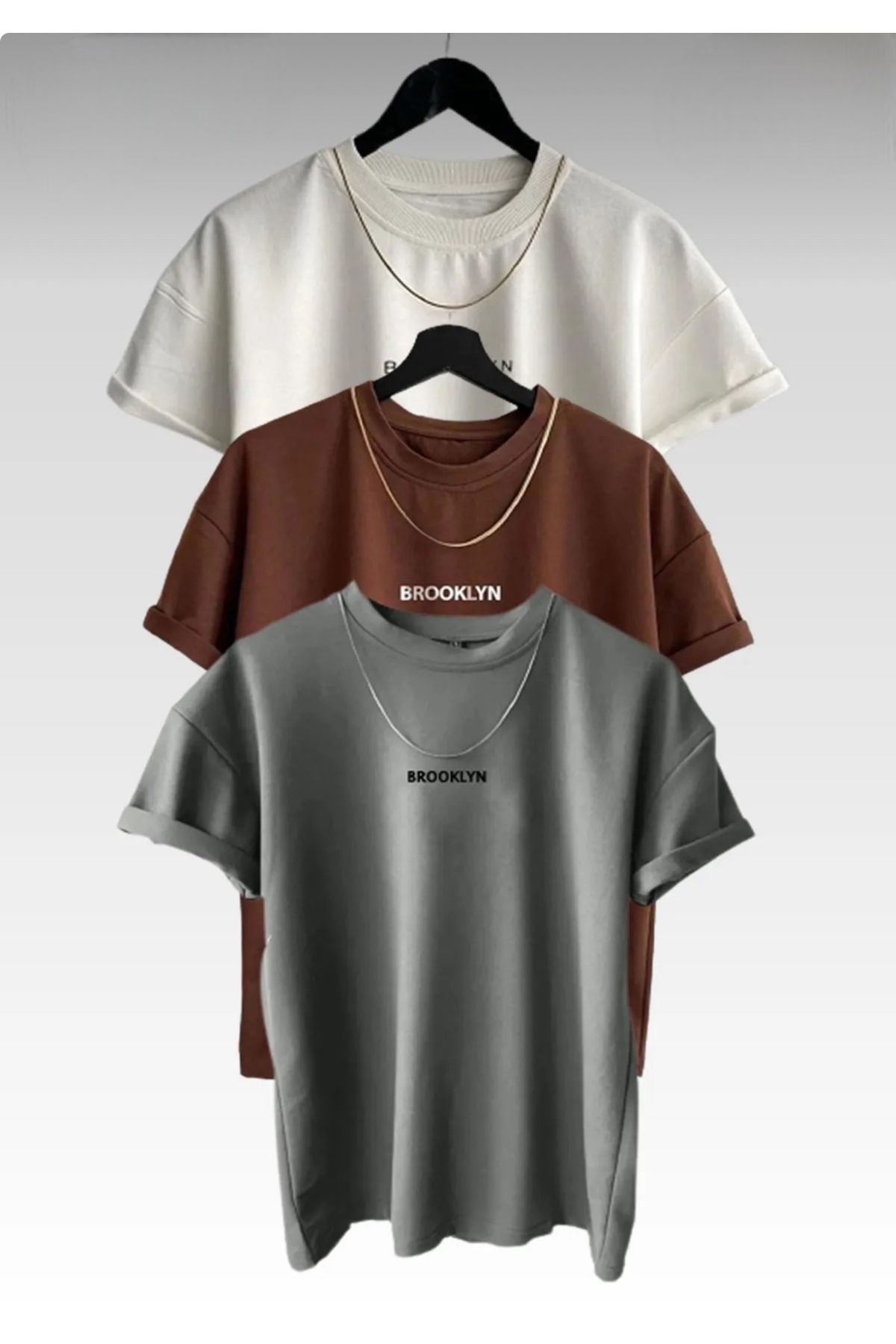 NewCabin Unisex Brooklyn Baskılı 3lü Paket Kahverengi- Duman Grisi- Beyaz Pamuklu T-shirt