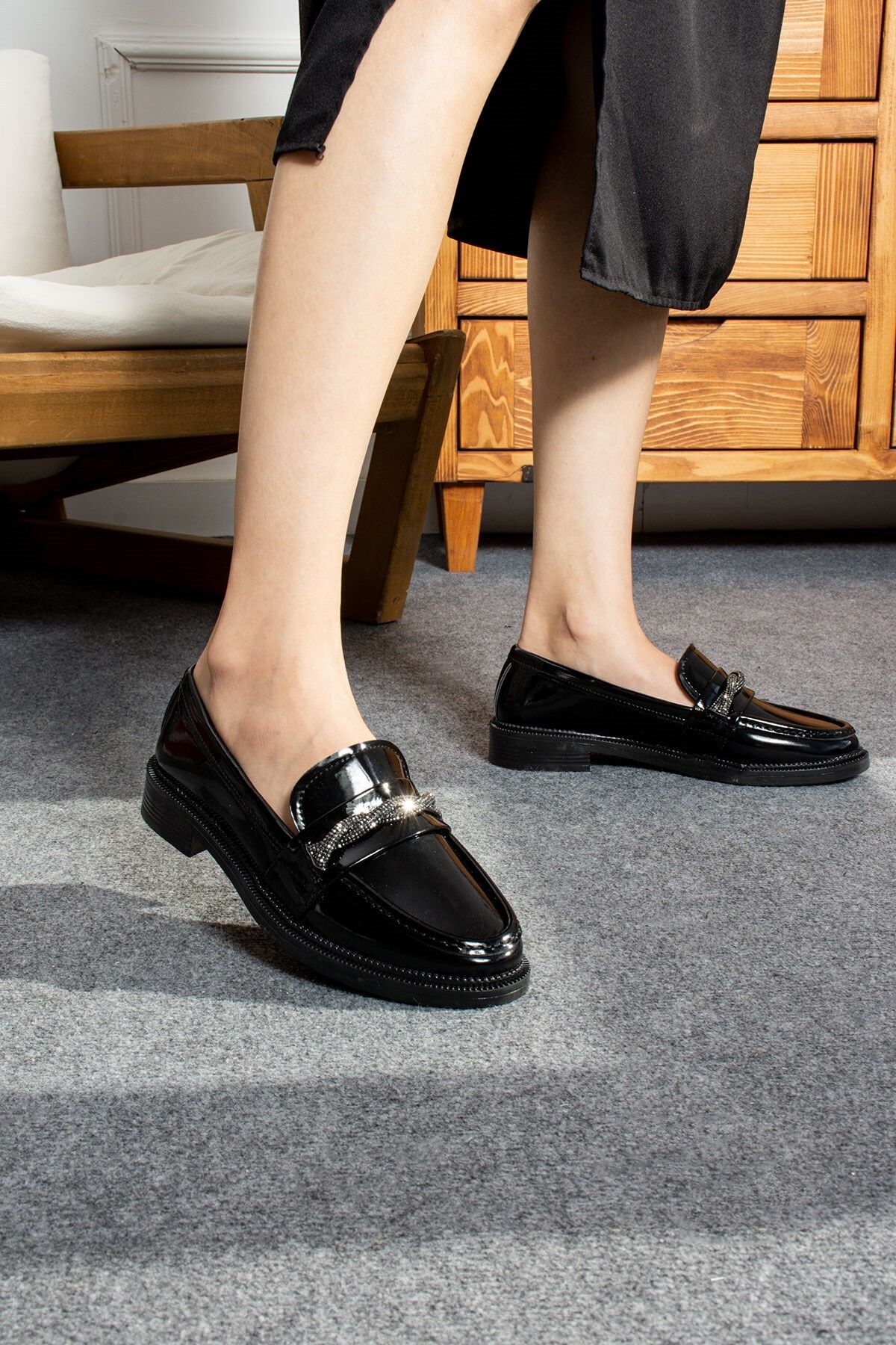 AlbiShoes Kadın Loafer Makosen Ayakkabı - Taşlı Rugan Kadın Casual Günlük Maskülen Ayakkabı