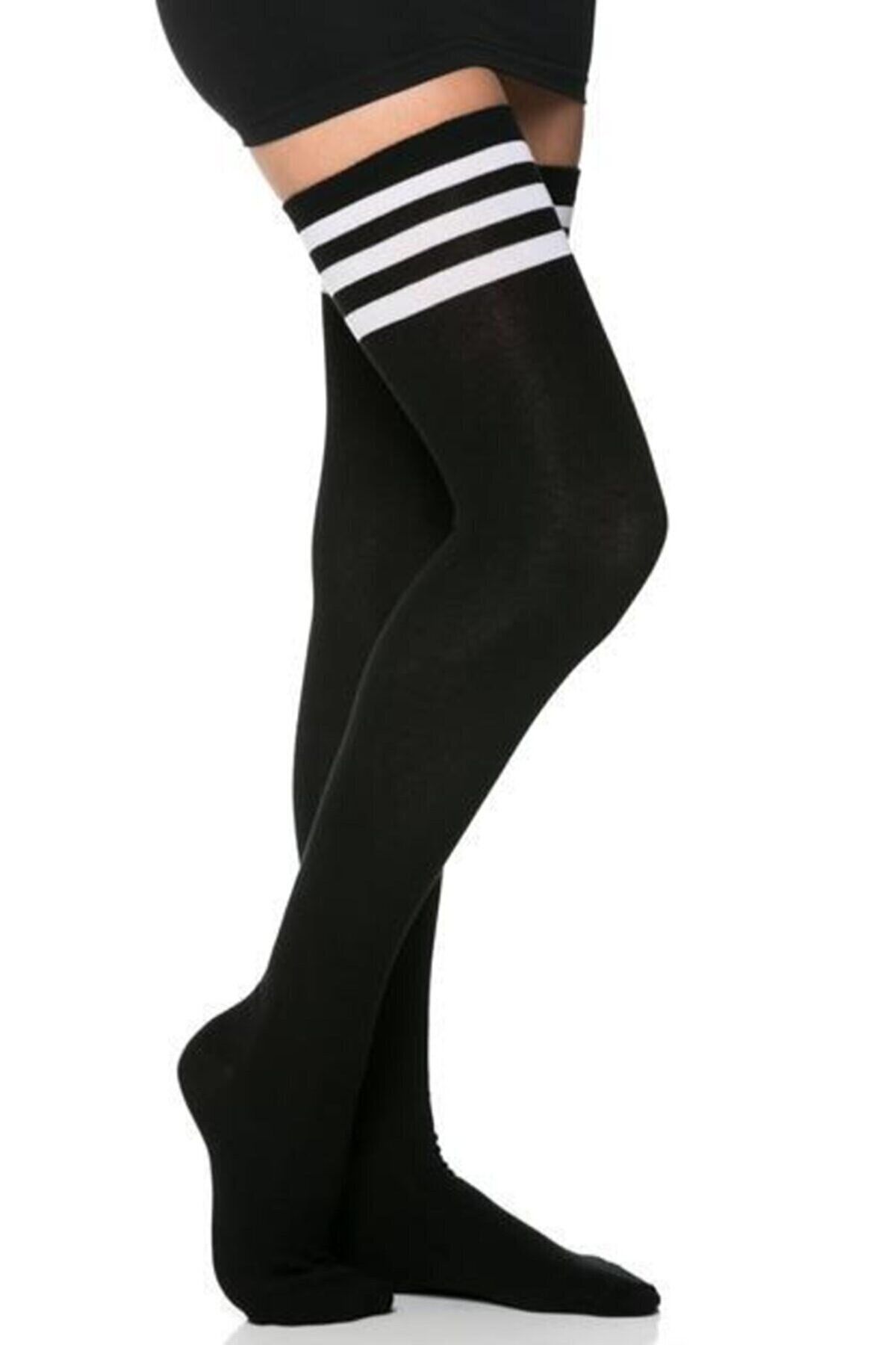 Design Socks Beyaz Üç Çizgili Pamuklu Diz Üstü Çorap Siyah - Desen Çorap