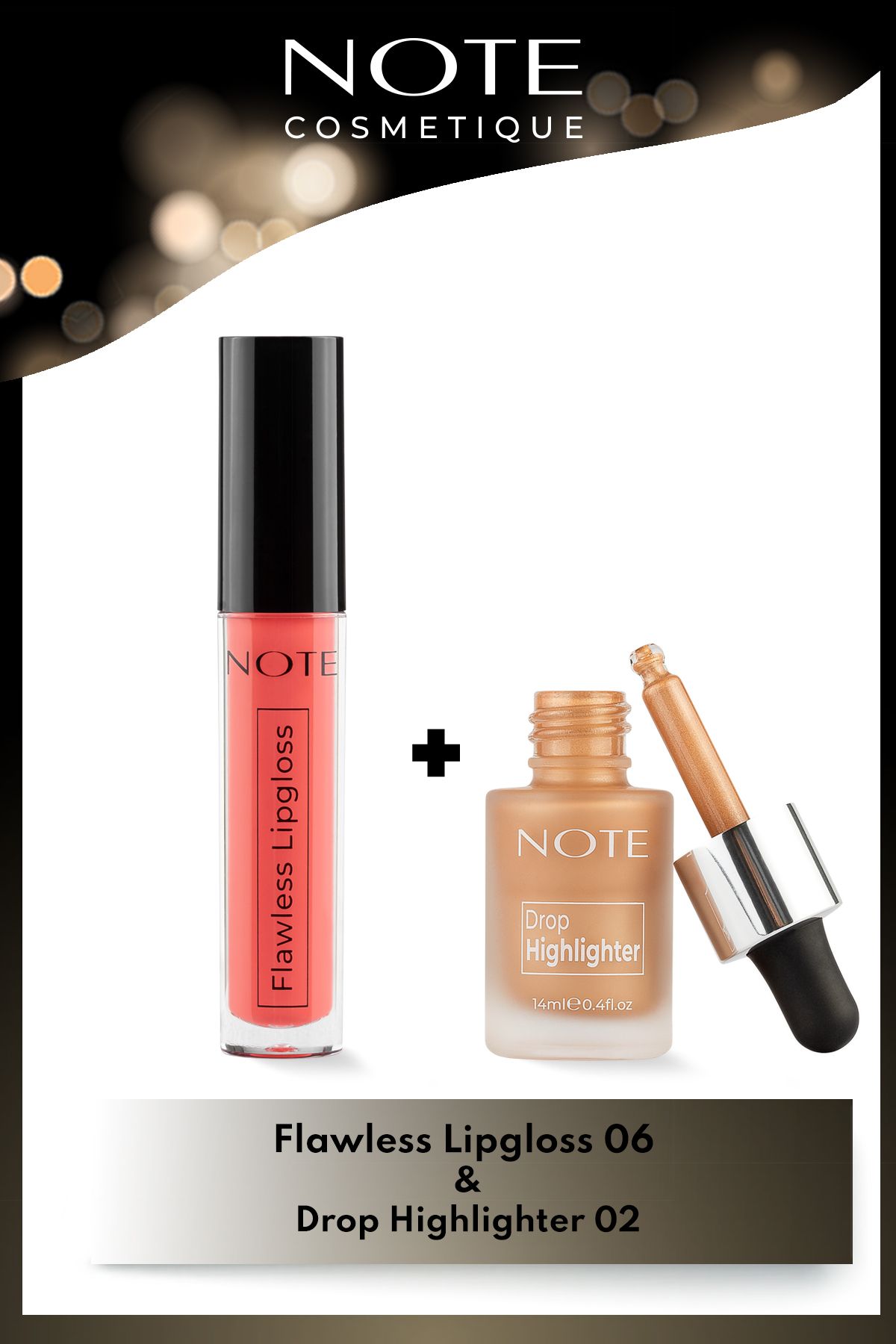 Note Cosmetics Flawless Lipgloss 06 - Pembe & Drop Highlighter 02 Charming Desert Likit Aydınlatıcı Makyaj Seti