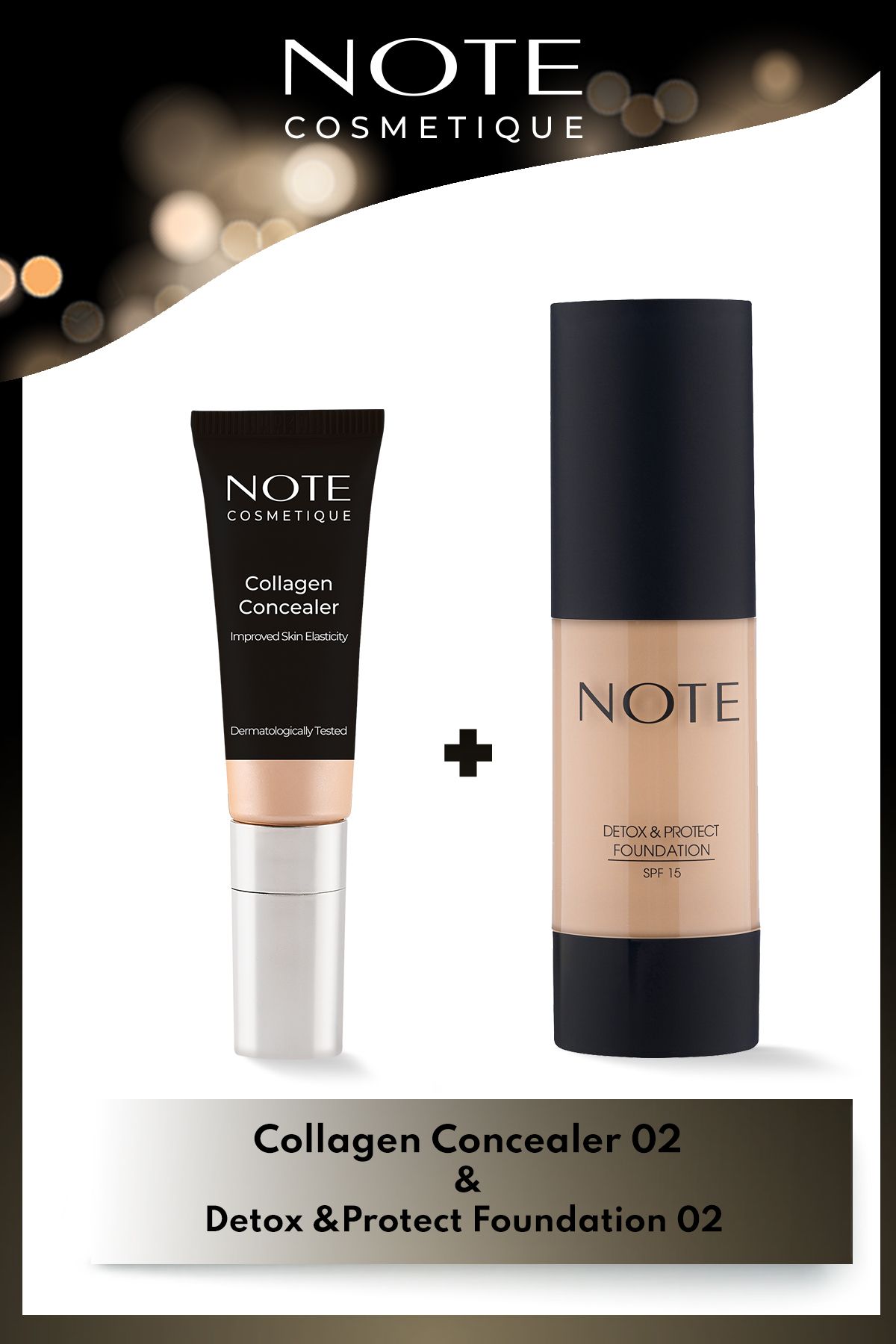 Note Cosmetics Collagen Concealer 02 Spf 20 Göz Altı Kapatıcısı & Detox & Protect Spf 15 Fondöten 02 Makyaj Seti